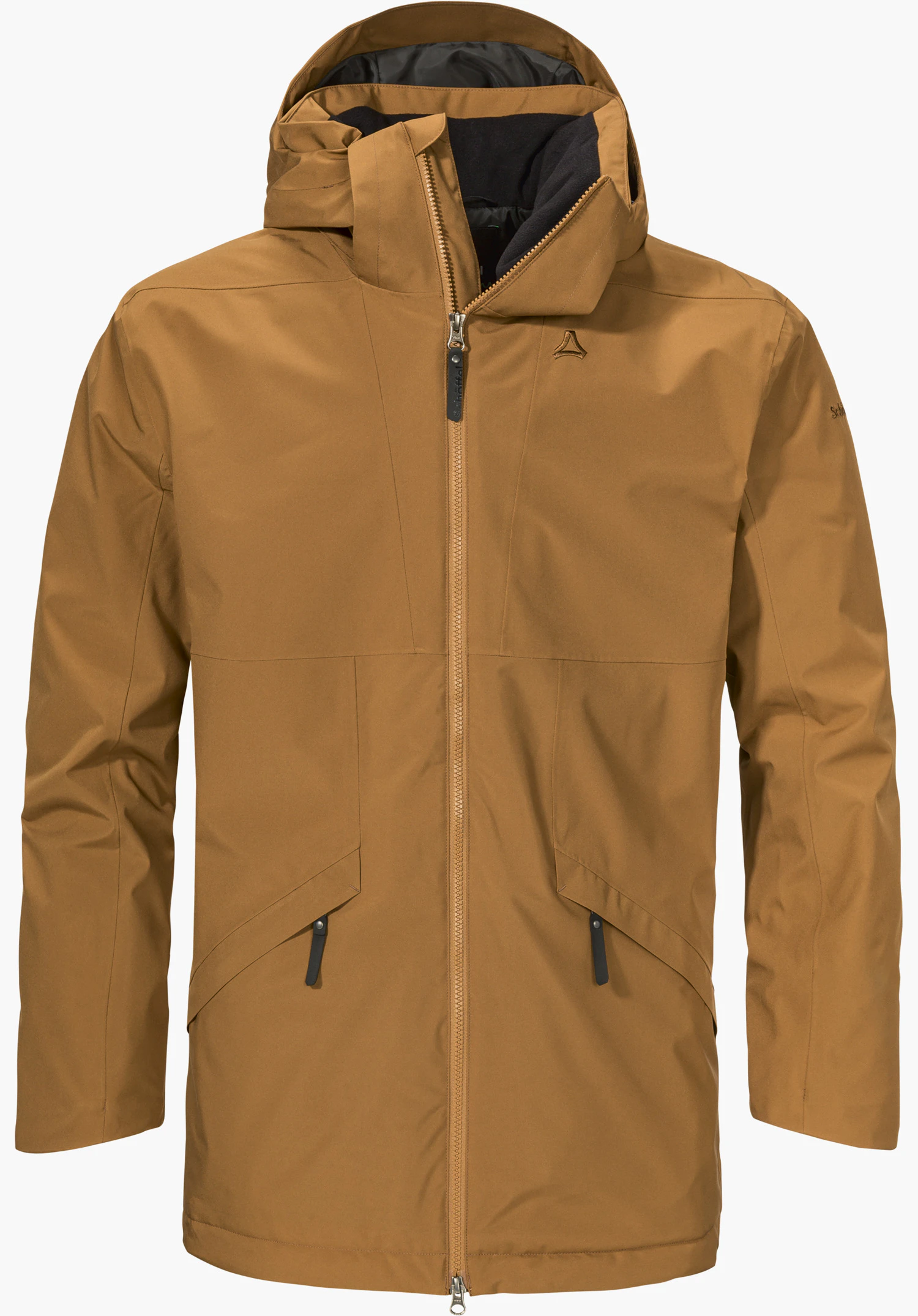 Urban Ins Parka Style Malkay MNS light brown transitional parka with hood, Schöffel logo on the chest; zip closed, two zip pockets; isolated on a white background. Lettering: “Schöffel”.