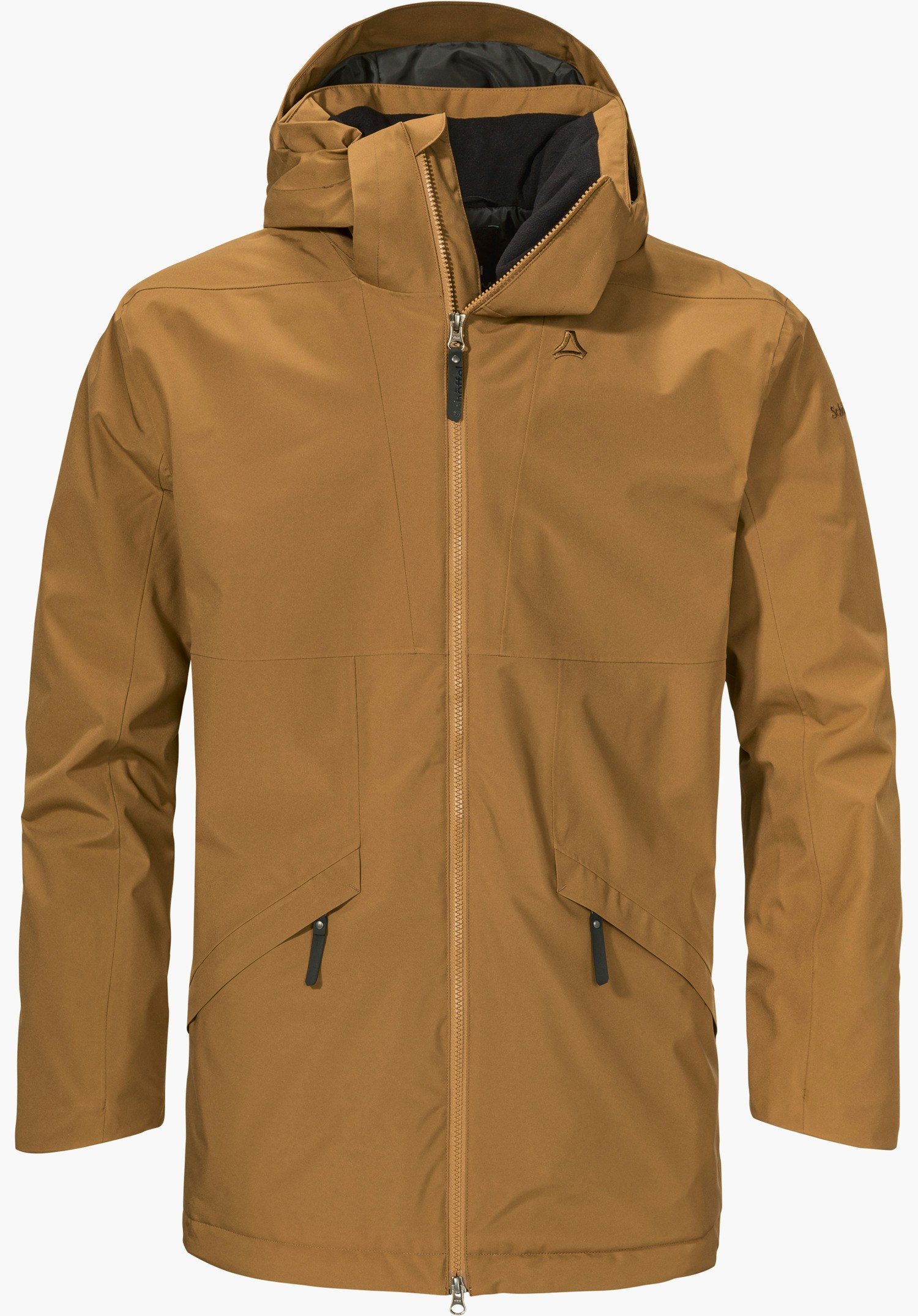 Urban Ins Parka Style Malkay MNS Hellbrauner Übergangsparka mit Kapuze, Schöffel-Logo auf der Brust; Reißverschluss geschlossen, zwei Taschen mit Reißverschluss; freigestellt vor weißem Hintergrund. Schriftzug: "Schöffel".