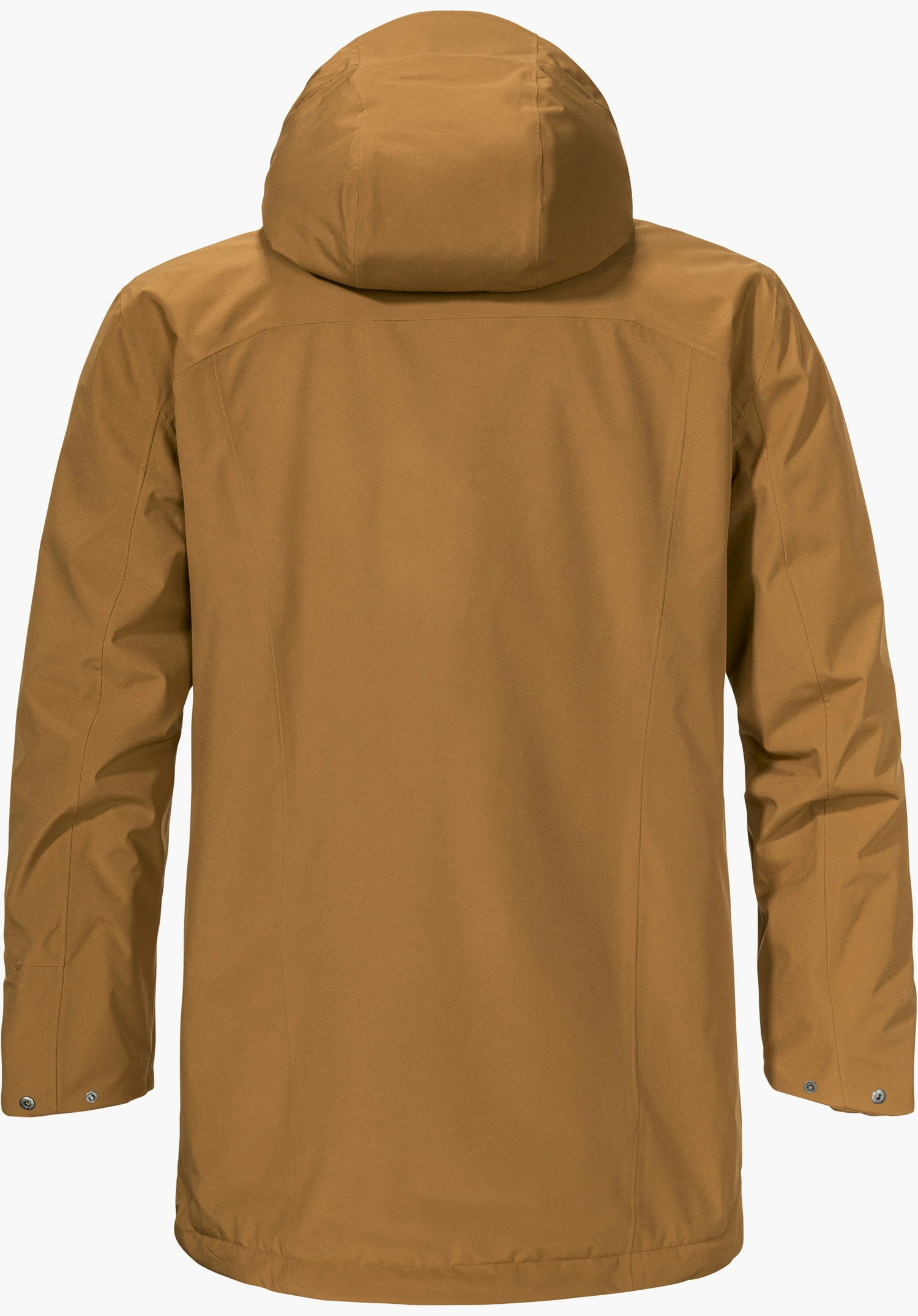 Ins Parka Style Malkay MNS Lichtbruine regenjas, achteraanzicht; met capuchon en lange mouwen, glad oppervlak; witte neutrale achtergrond.