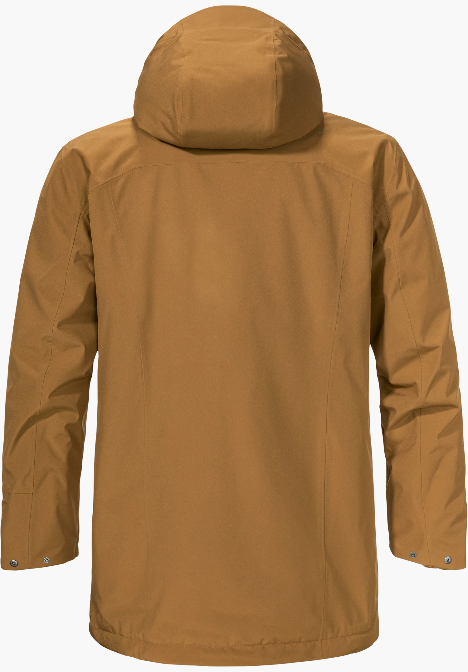 Ins Parka Style Malkay MNS light brown rain jacket, shown from the back; with hood and long sleeves, smooth surface; presented against a white, neutral background.