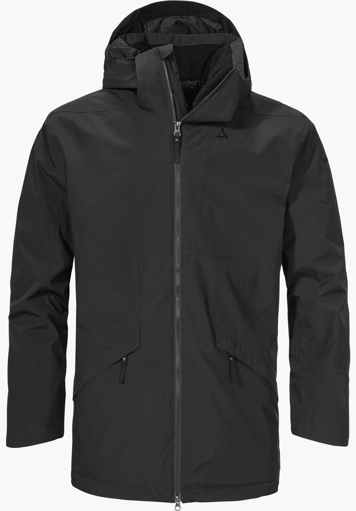 Urban Ins Parka Style Malkay MNS Schwarzer Übergangsparka mit Kapuze, mit geschlossenem Reißverschluss und zwei schrägen Taschen; Schöffel-Logo auf der Brust; freigestellt vor weißem Hintergrund.