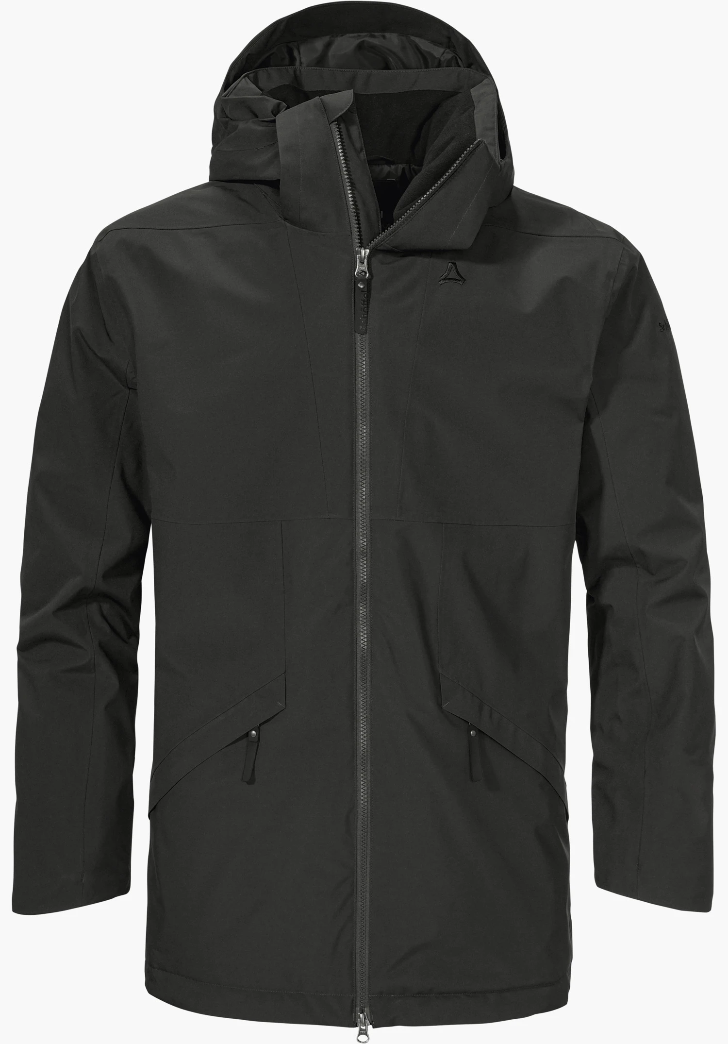 Urban Ins Parka Style Malkay MNS black transitional parka with hood, zip closed and two angled pockets; Schöffel logo on the chest; isolated on a white background.