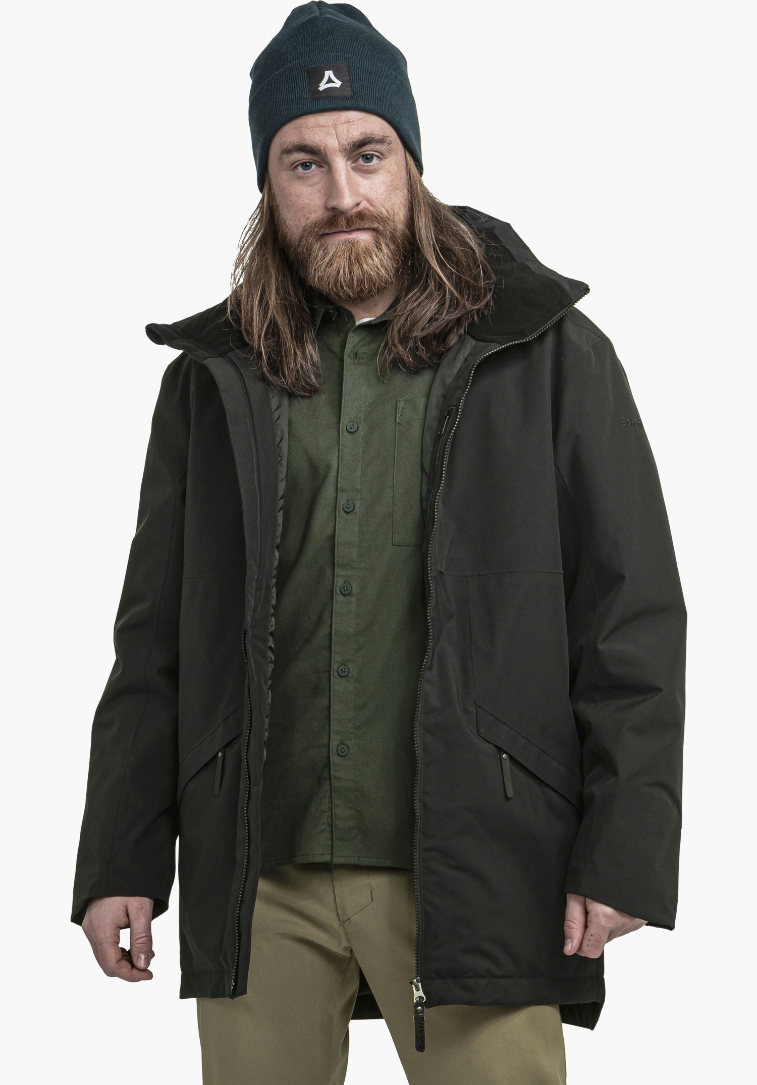 Ins Parka Style Malkay MNS zeigt den hochschließenden Kragen und die schwarze Materialstruktur im Detail. Nahaufnahme vor weißem/neutralem Hintergrund.