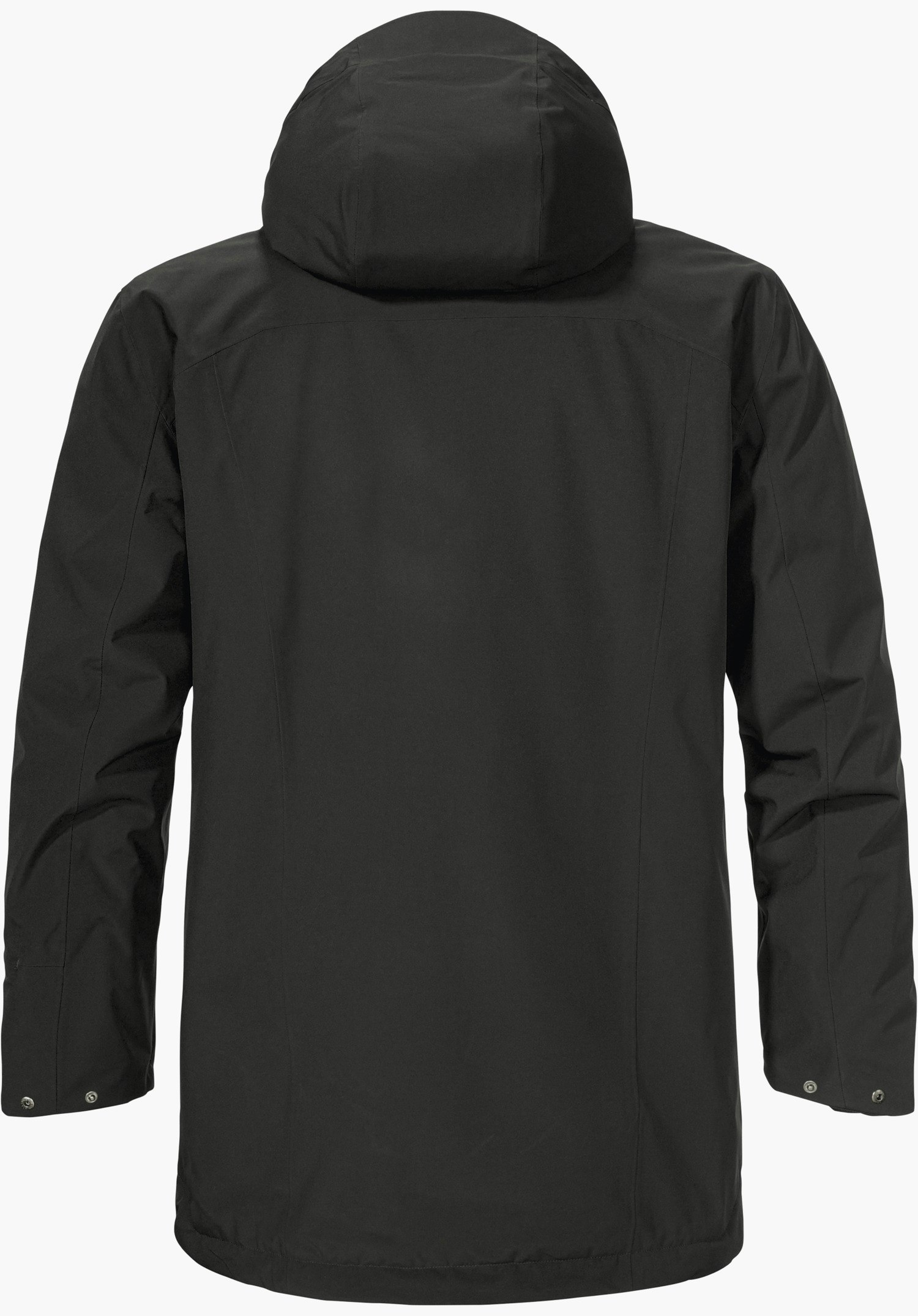 Ins Parka Style Malkay MNS Schwarze Jacke, präsentiert von hinten, mit Kapuze und langen Ärmeln, glatte schlichte Oberfläche, Nahtdetails und reflektierendem Detail am Saum, vor hellem neutralem Hintergrund.