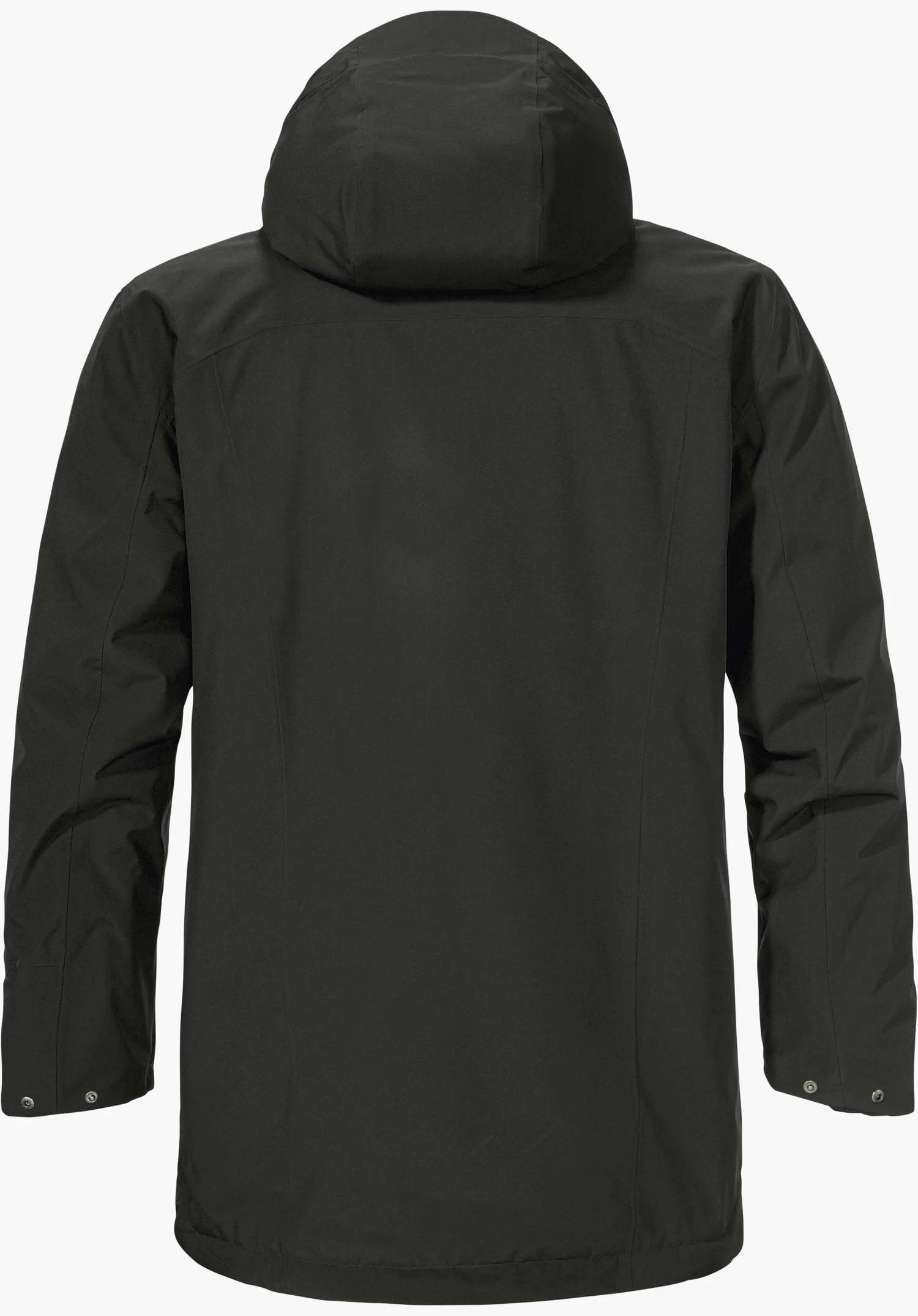 Ins Parka Style Malkay MNS black jacket, shown from the back, with hood and long sleeves, smooth minimal surface, seam detailing and reflective detail at the hem, against a light neutral background.