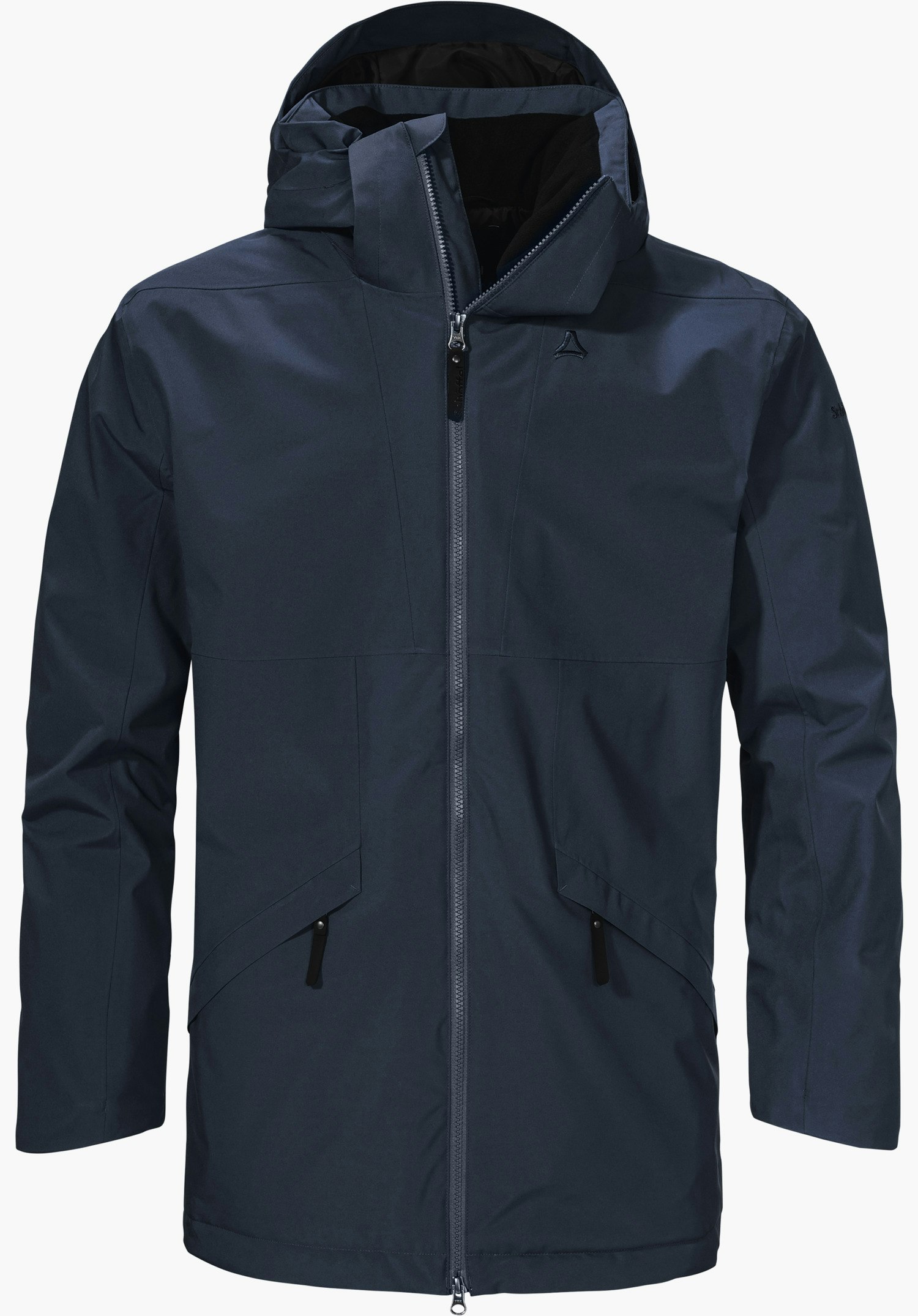 Urban Ins Parka Style Malkay MNS Dunkelblauer Übergangsparka, frontale Ansicht, Reißverschluss geschlossen, Kapuze aufgestellt; Schöffel-Logo auf linker Brust; zwei Reißverschlusstaschen; schlichter weißer Hintergrund.