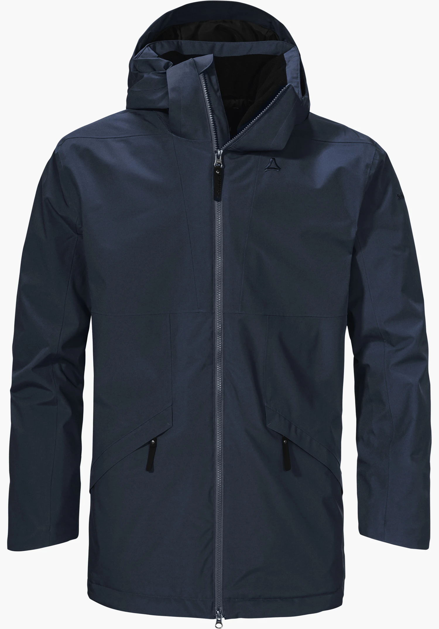 Urban Ins Parka Style Malkay MNS dark blue transitional parka, front view, zip closed, hood raised; Schöffel logo on the left chest; two zip pockets; plain white background.