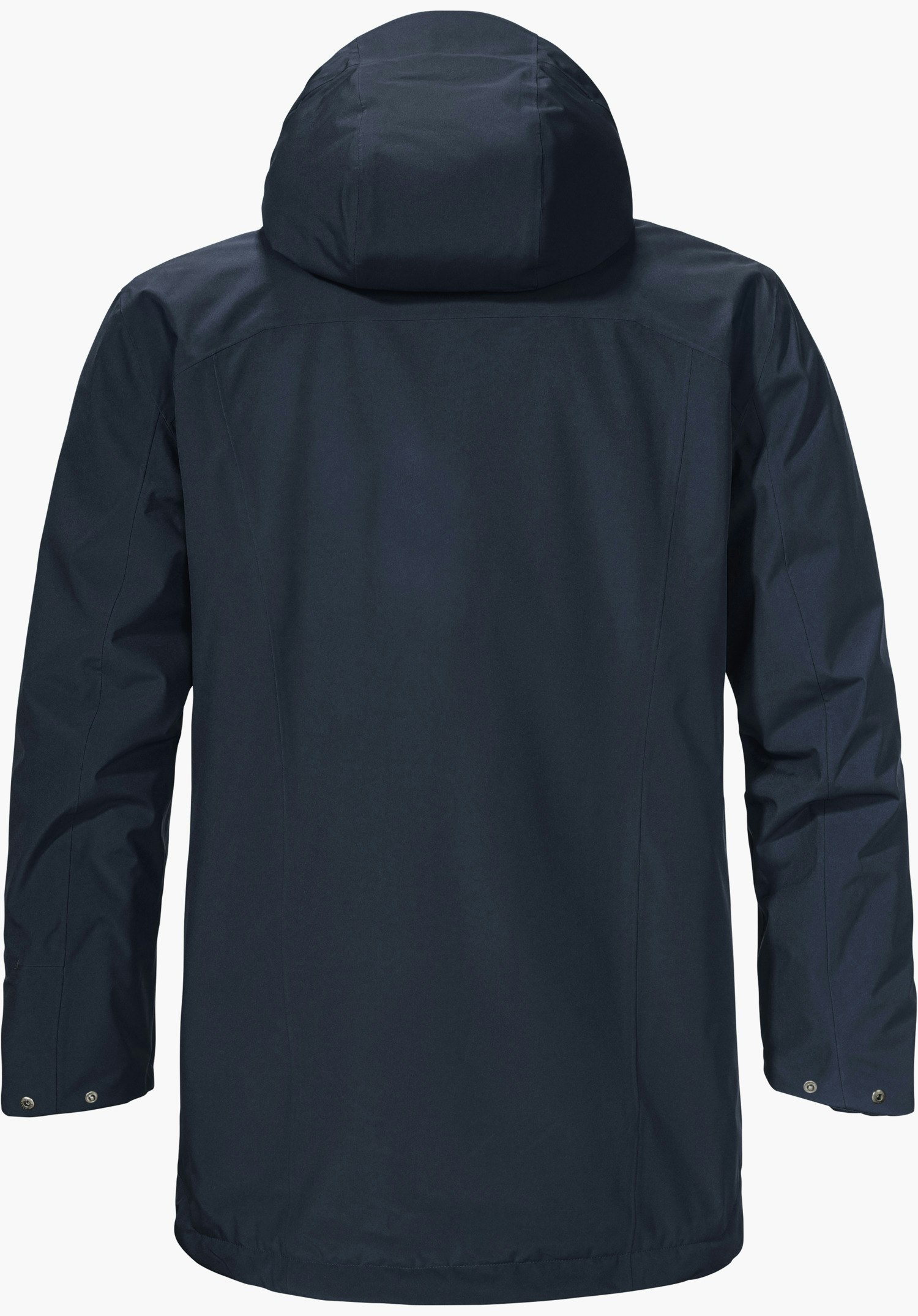 Ins Parka Style Malkay MNS dunkel blaue Jacke mit Kapuze, von hinten sichtbar, gerade hängend, glatte Oberfläche und lange Ärmel, vor hell weißem Hintergrund.