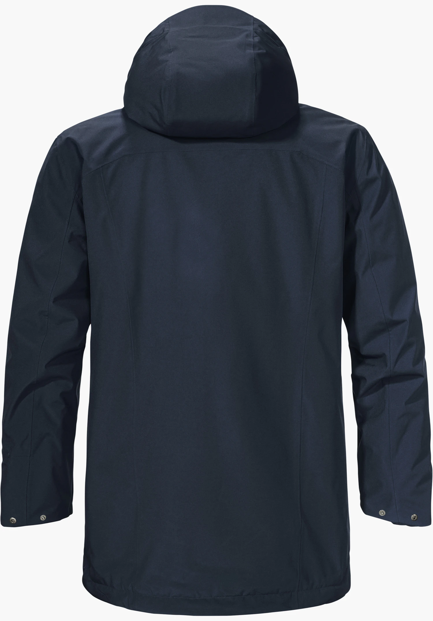 Ins Parka Style Malkay MNS dark blue jacket with hood, seen from the back, hanging straight, smooth surface and long sleeves, against a bright white background.