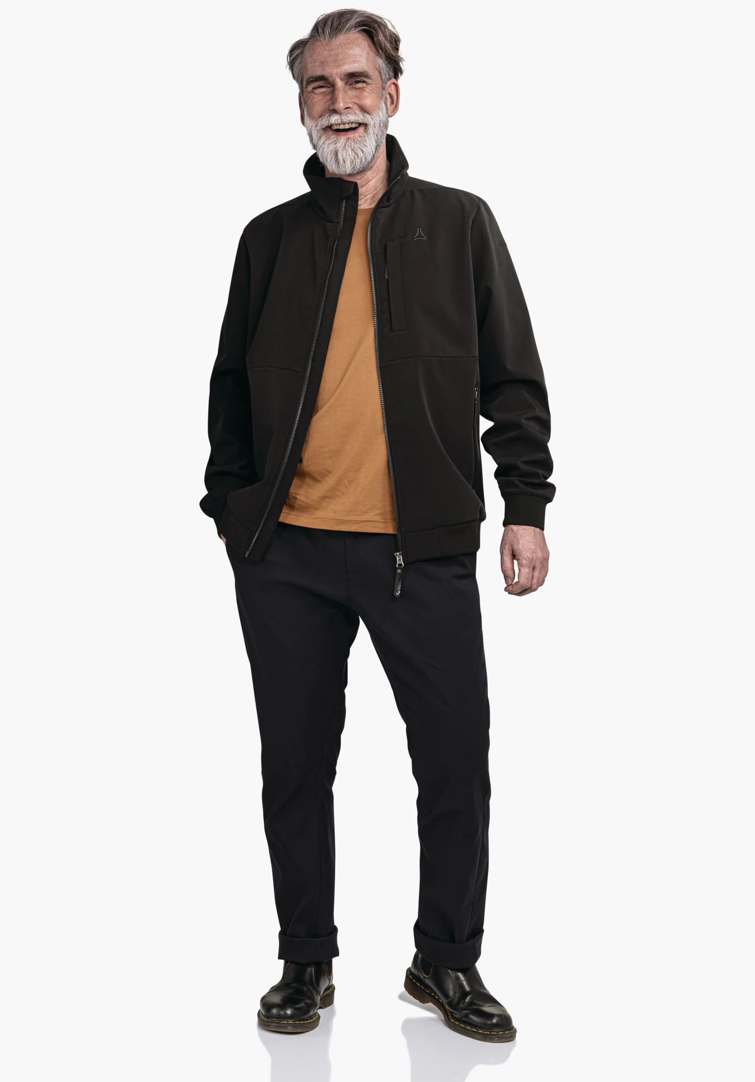 Softshell Jk Style Suavio MNS détail du tissu softshell noir au niveau de la poitrine avec fermeture éclair et logo Schöffel, gros plan sur fond blanc/neutre.