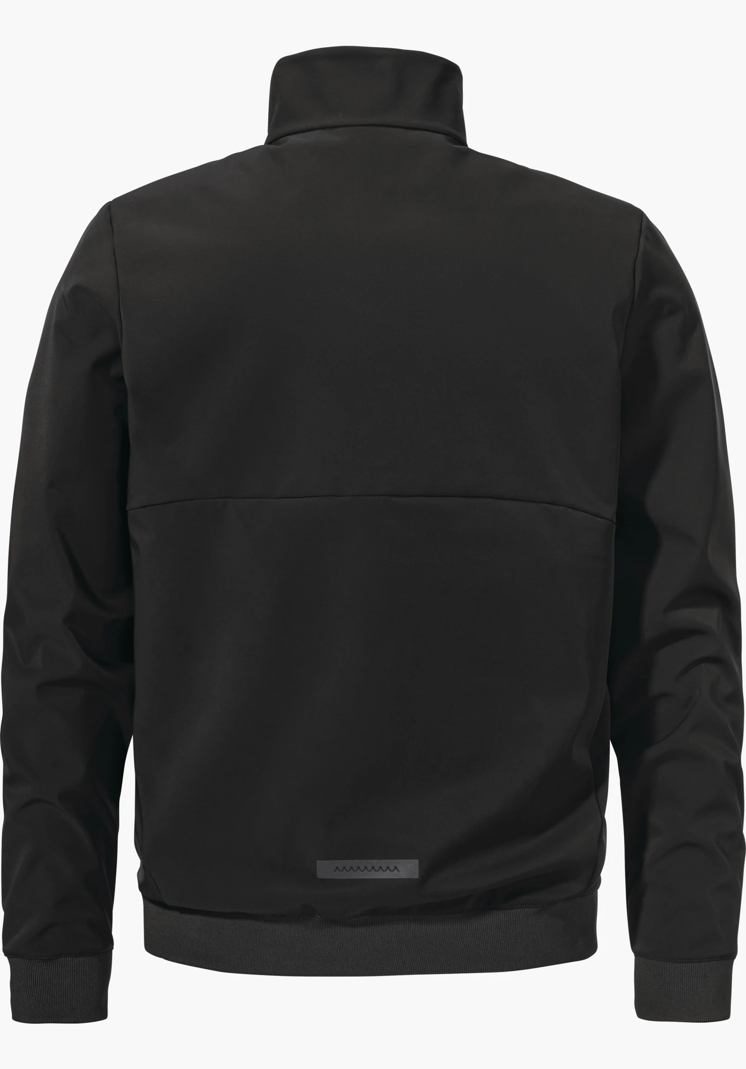 Softshell Jk Style Suavio MNS Veste noire, vue de dos; présentée à plat sur fond blanc, col haut, manches longues, ourlet côtelé et petit rectangle réfléchissant discret au-dessus de l’ourlet.