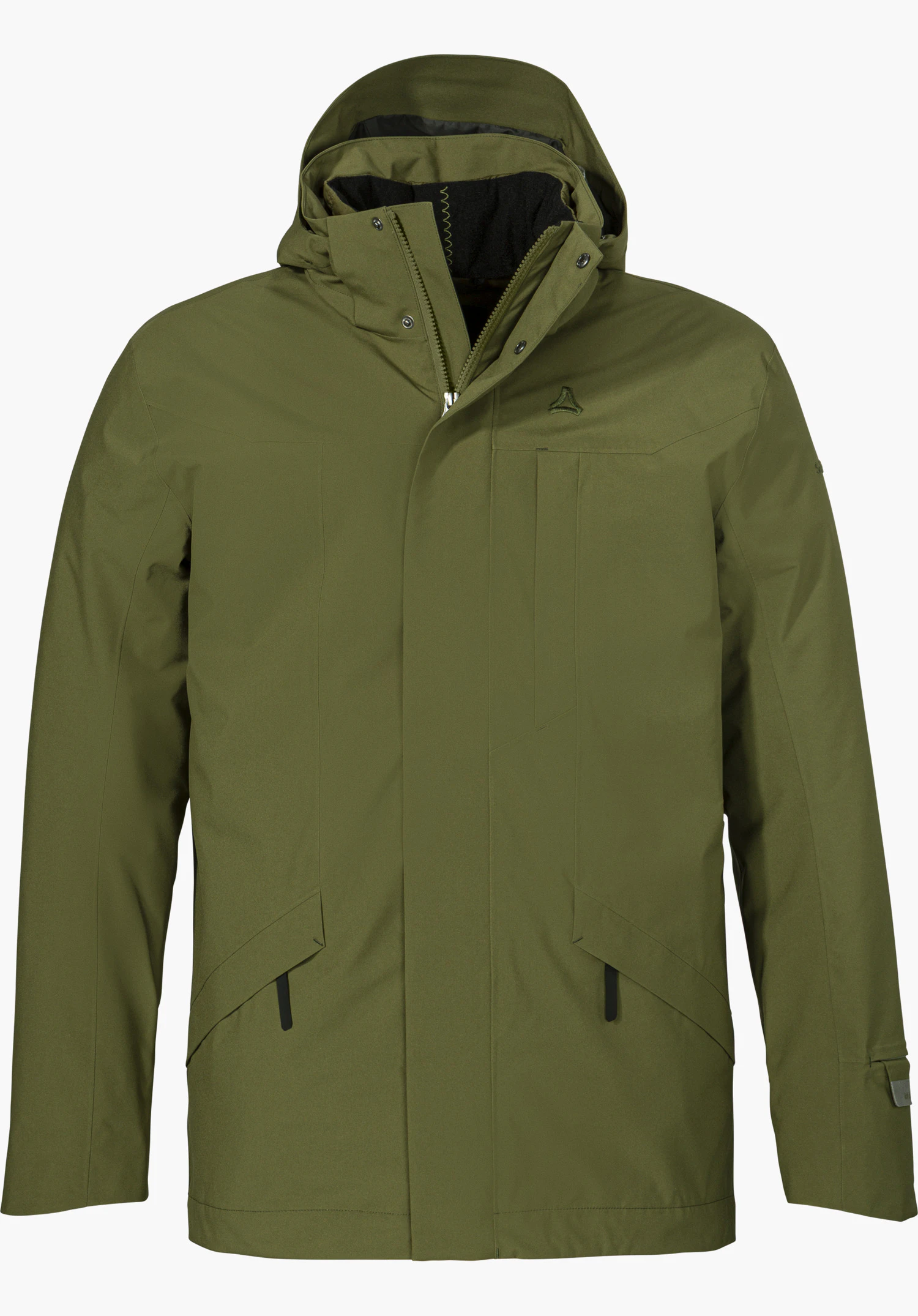 3in1 Parka Style Borkol MNS in grün in Frontansicht mit Kapuze, verdecktem Reißverschluss und Schöffel-Logo freigestellt vor weißem Hintergrund.