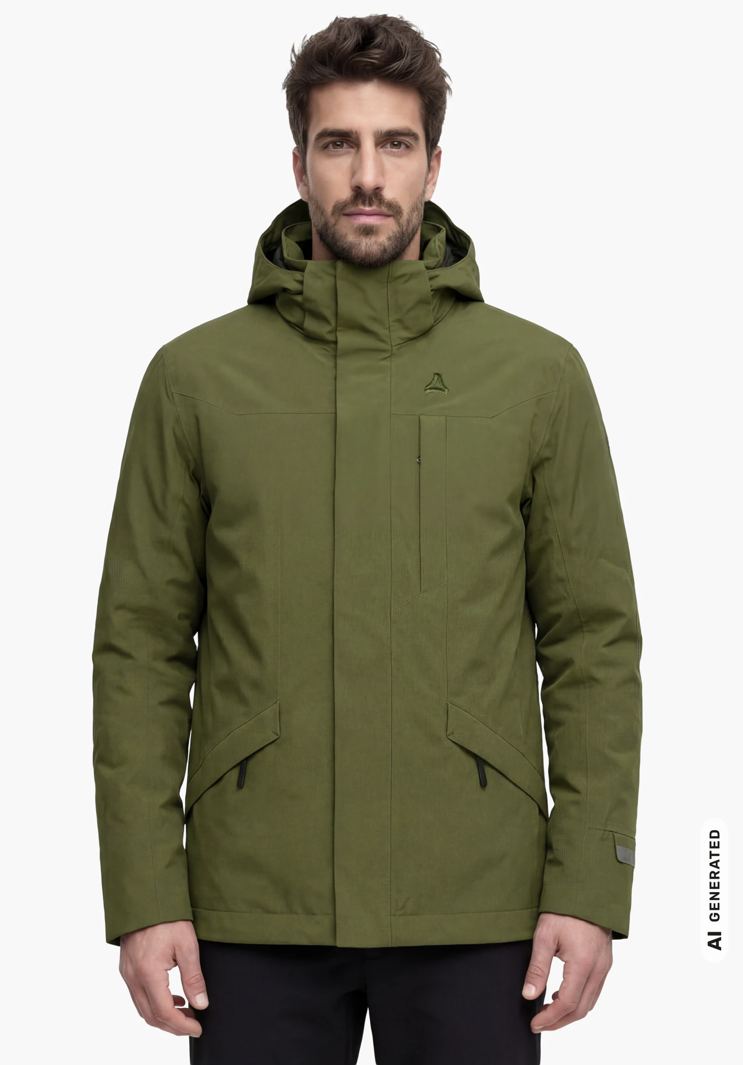 3in1 Parka Style Borkol MNS in grün mit sichtbarem Schöffel-Logo auf der Brust, getragen von einem männlichen Model im aufrechten Stand in Frontansicht mit herabhängenden Armen vor weißem Hintergrund. (KI-generiert)