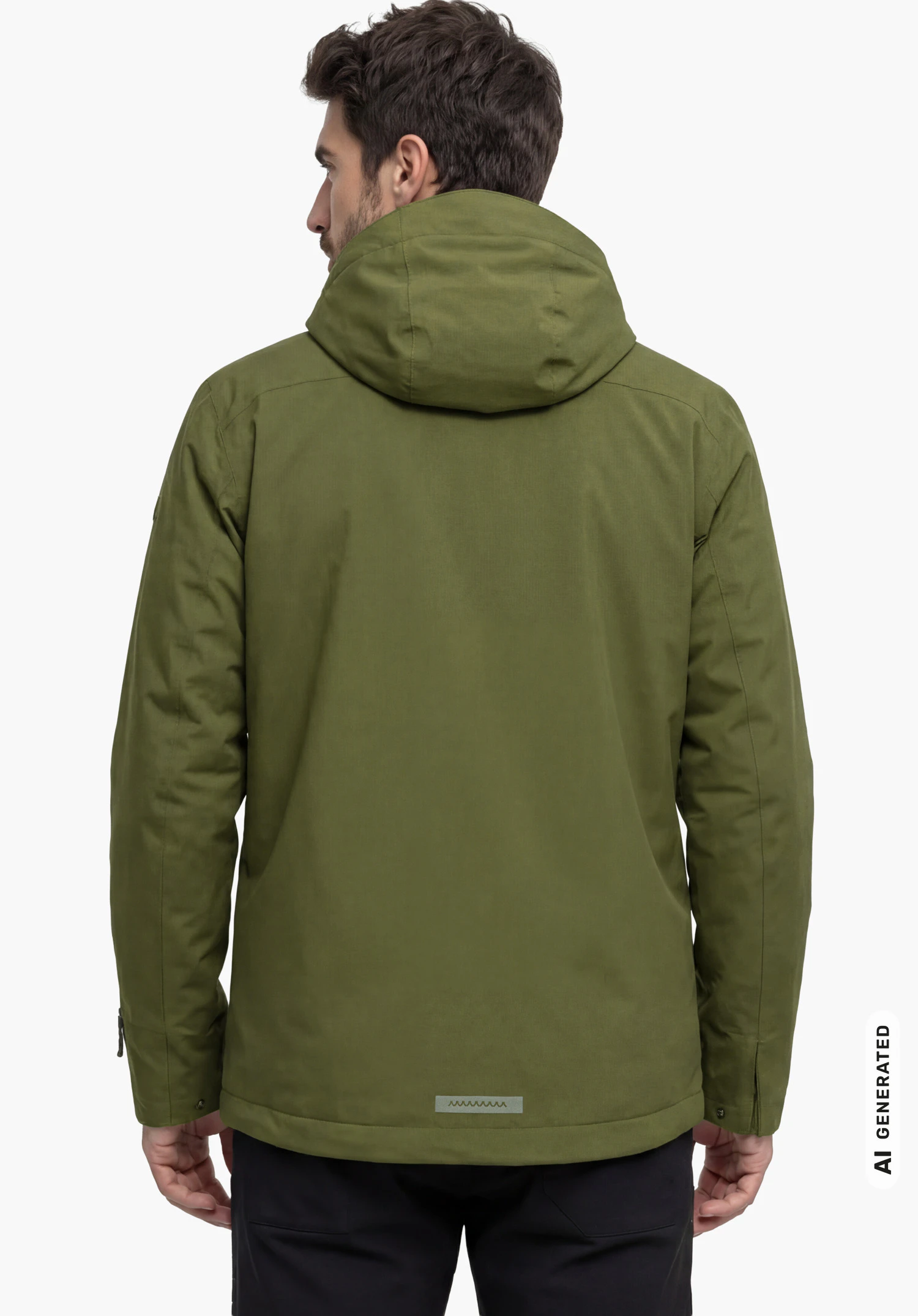 3in1 Parka Style Borkol MNS in groen, gedragen door een mannelijk model dat rechtop staat en van achteren wordt getoond met de armen langs het lichaam tegen een witte achtergrond. (AI-gegenereerd)