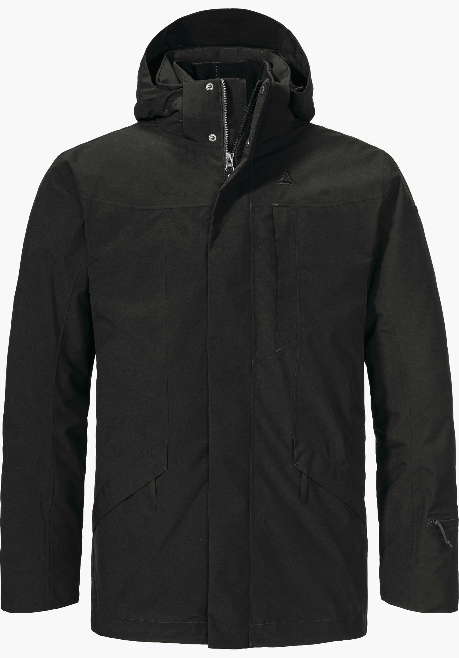 Urban 3in1 Parka Style Borkol MNS Schwarze, vorne geschlossene Parka-Jacke mit Kapuze, frontal präsentiert; Schöffel-Logo auf der Brust; glatter Stoff, zwei seitliche Taschen, weißer Hintergrund.