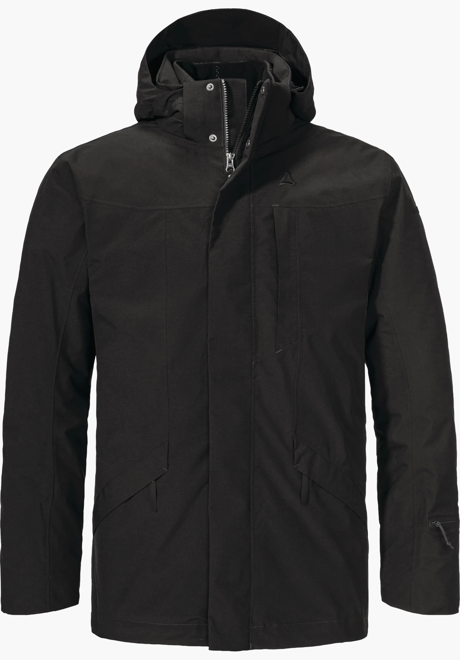 Urban 3in1 Parka Style Borkol MNS Schwarze, vorne geschlossene Parka-Jacke mit Kapuze, frontal präsentiert; Schöffel-Logo auf der Brust; glatter Stoff, zwei seitliche Taschen, weißer Hintergrund.