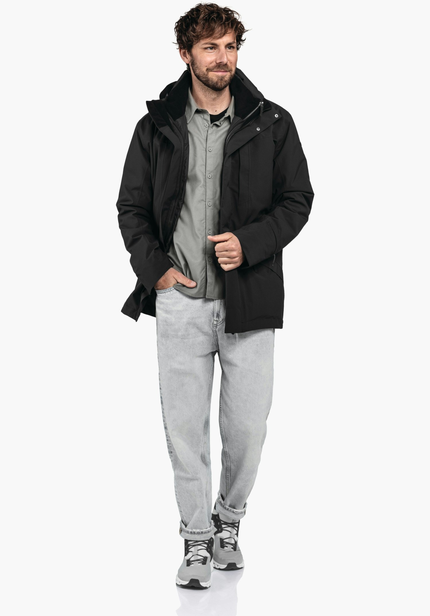 3in1 Parka Style Borkol MNS, Detailansicht des schwarzen Funktionsmaterials und der Wetterschutzleiste am Kragen. Nahaufnahme vor weißem/neutralem Hintergrund.