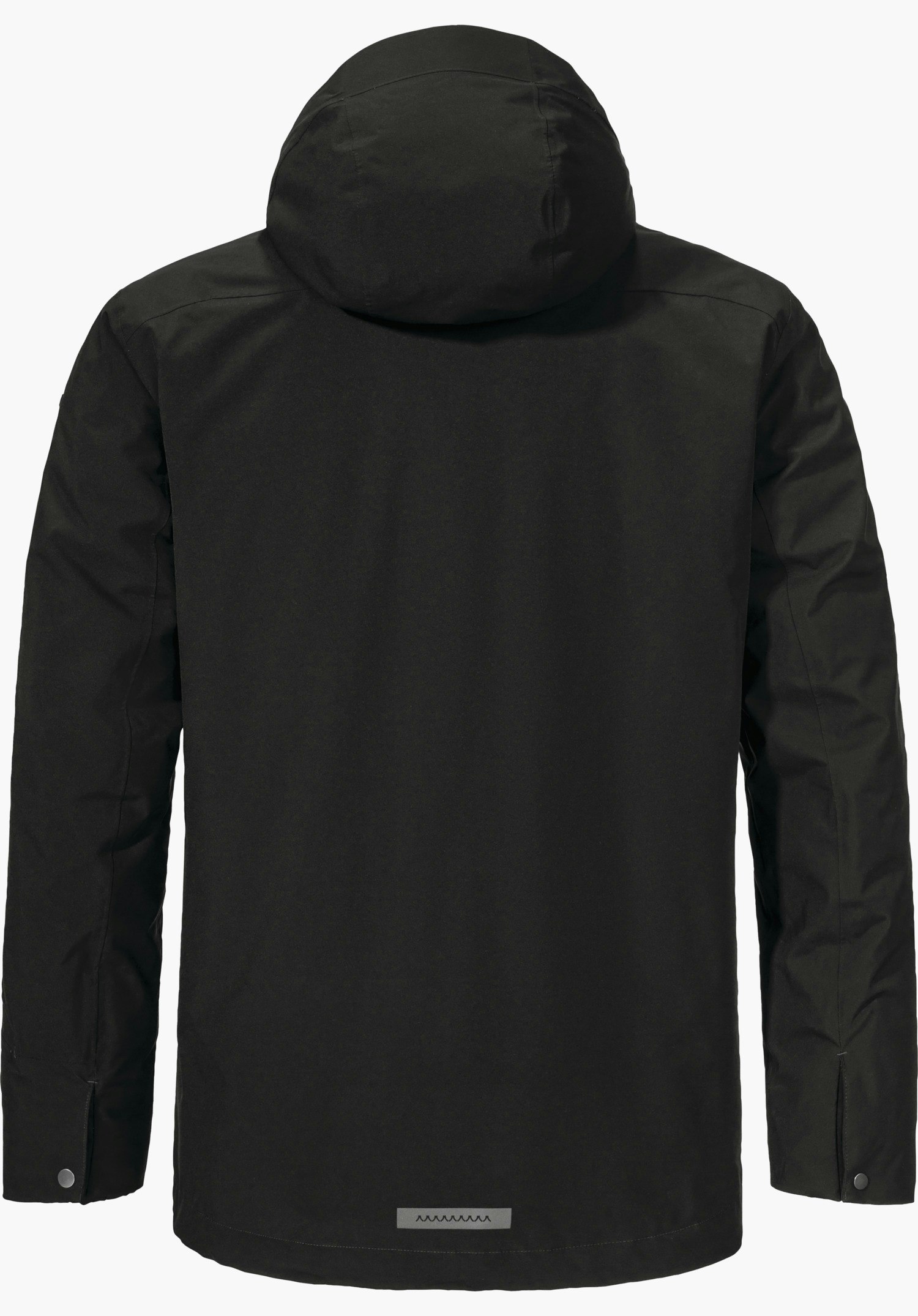 3in1 Parka Style Borkol MNS Schwarze Jacke, Rückansicht; mit Kapuze, Ärmel entlang der Seiten, gerader Saum mit kleinem reflektierendem Rechteck mit Zickzackmuster; freigestellt auf weißem Hintergrund.
