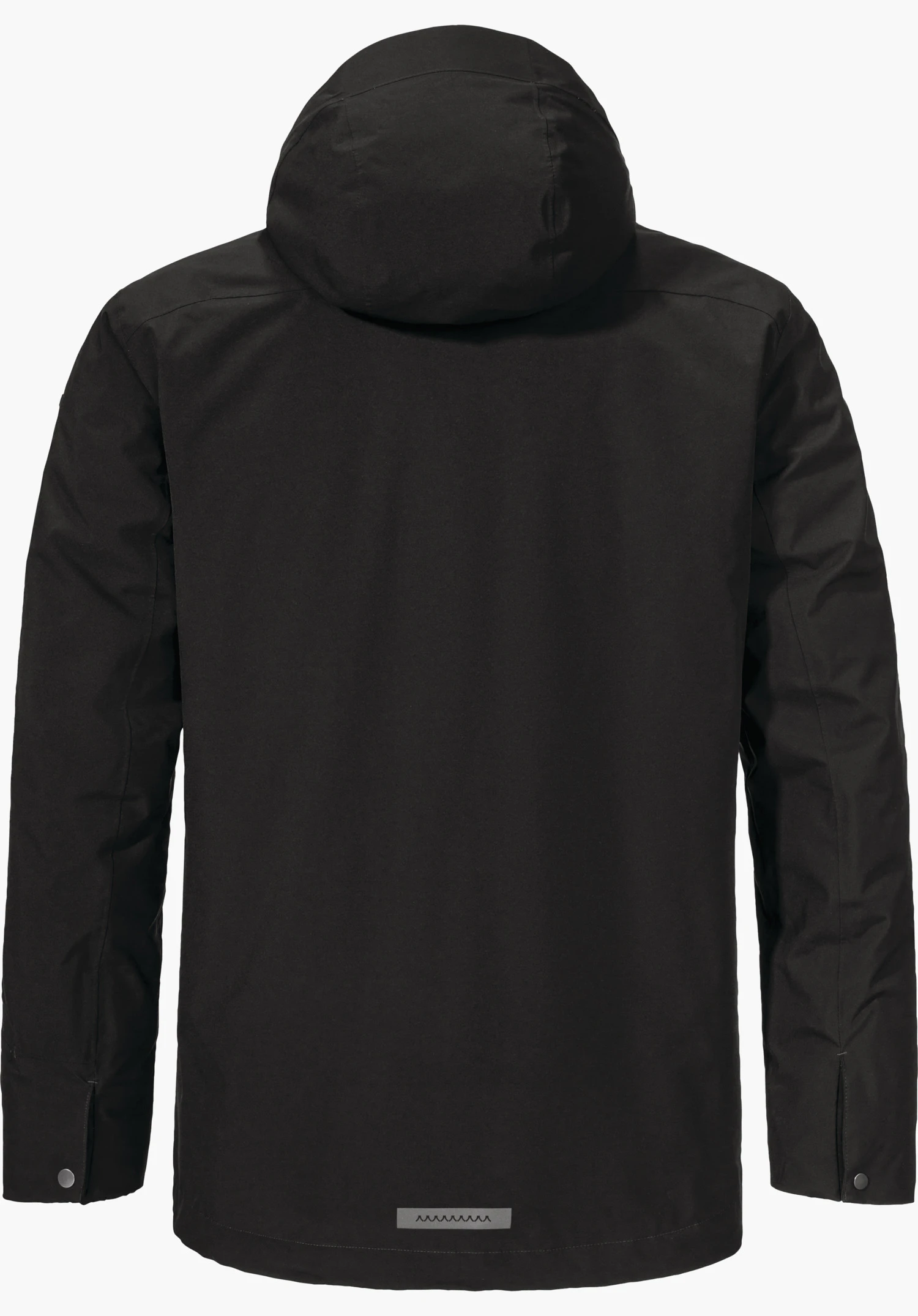 3in1 Parka Style Borkol MNS Zwarte jas, achteraanzicht; met capuchon, mouwen langs de zijkant, rechte zoom met klein reflecterend rechthoekje met zigzagpatroon; vrijstaand op witte achtergrond.