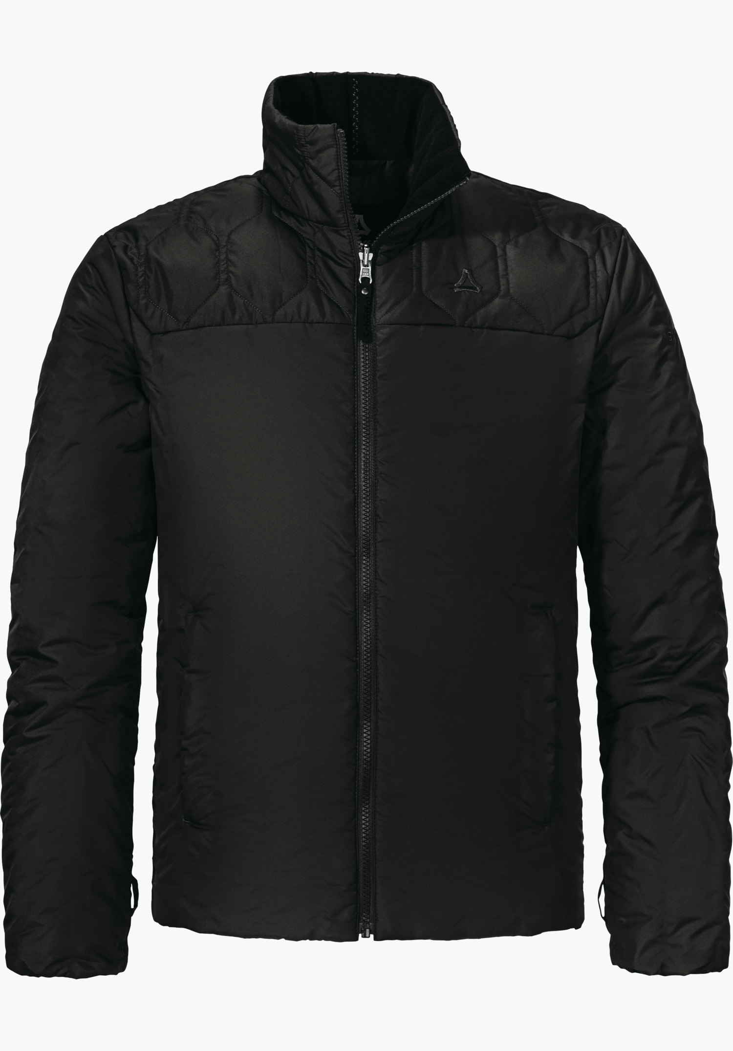 3in1 Parka Style Borkol MNS Schwarze gesteppte Jacke mit Stehkragen, durchgehendem Reißverschluss und seitlichen Taschen; Schöffel-Logo auf der Brust; Vorderansicht vor weißem Hintergrund.