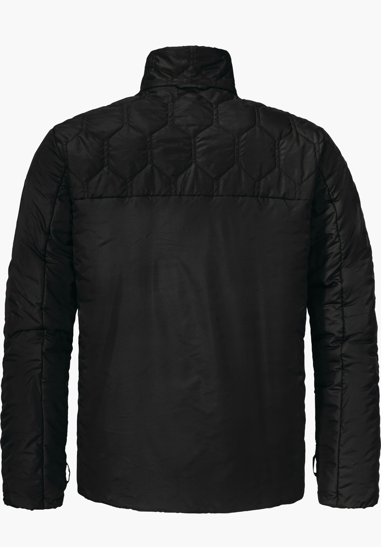 3in1 Parka Style Borkol MNS Schwarze gesteppte Jacke, Rückenansicht; zeigt Stehkragen und sechseckiges Steppmuster am oberen Rücken, glatte untere Rückenpartie; Ärmel gepolstert; freigestellt vor weißem Hintergrund.