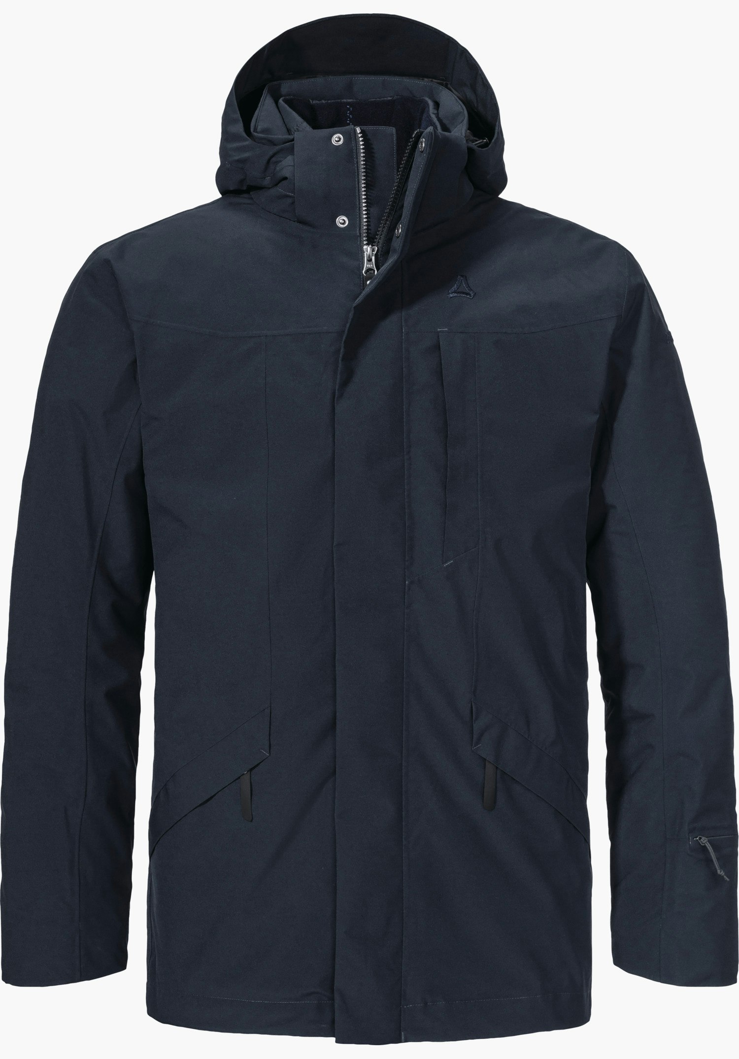 Urban 3in1 Parka Style Borkol MNS dunkelblaue Parka-Jacke, frontal präsentiert, Kapuze hochgeschlossen, verdeckter Reißverschluss, Schöffel-Logo auf der linken Brust; zwei schräge Taschen, lange Ärmel, weißer Hintergrund.