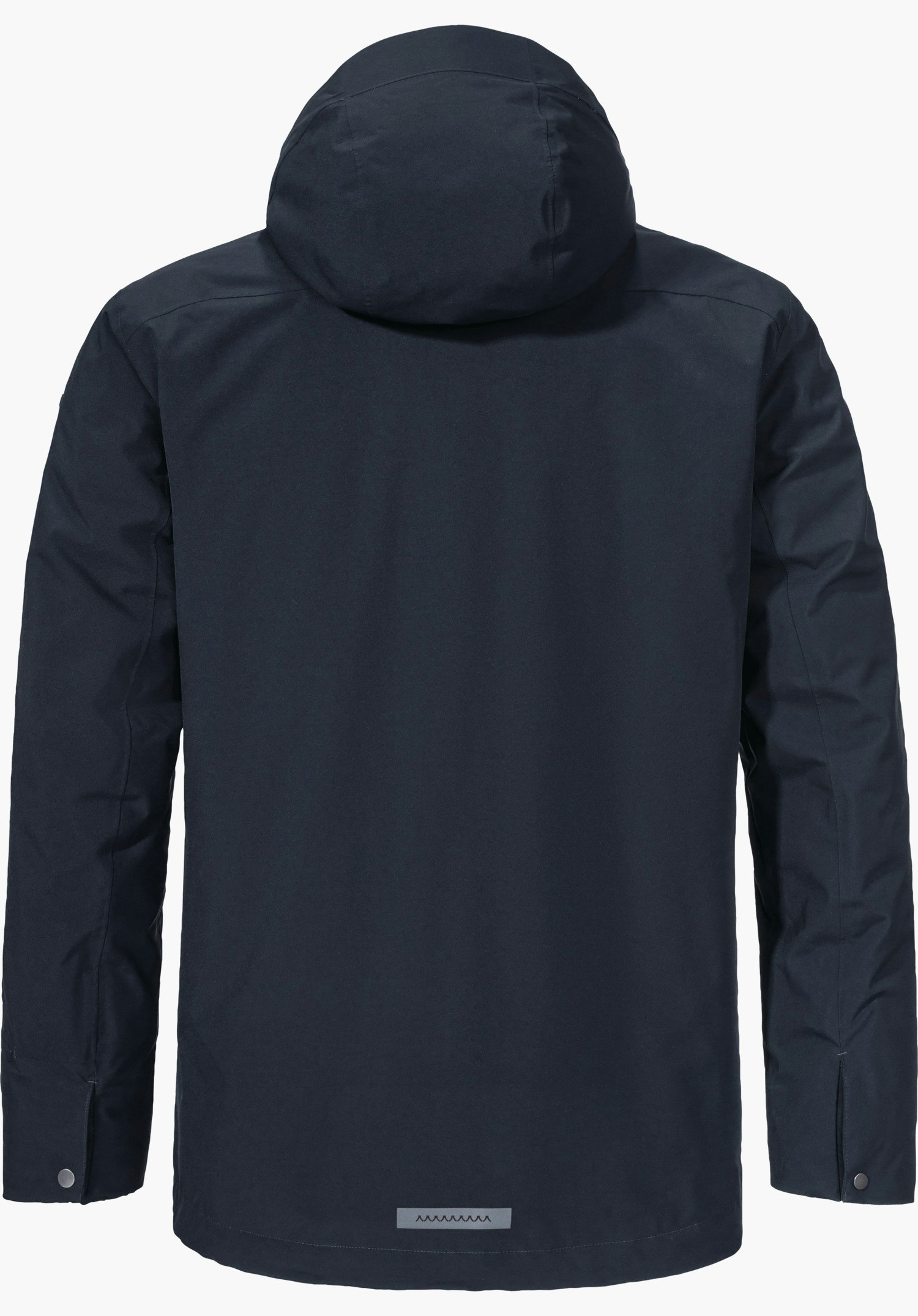 3in1 Parka Style Borkol MNS Donkerblauwe jas ligt plat, achteraanzicht; capuchon aangelegd, mouwen opzij, reflecterende strip aan de zoom; witte achtergrond.