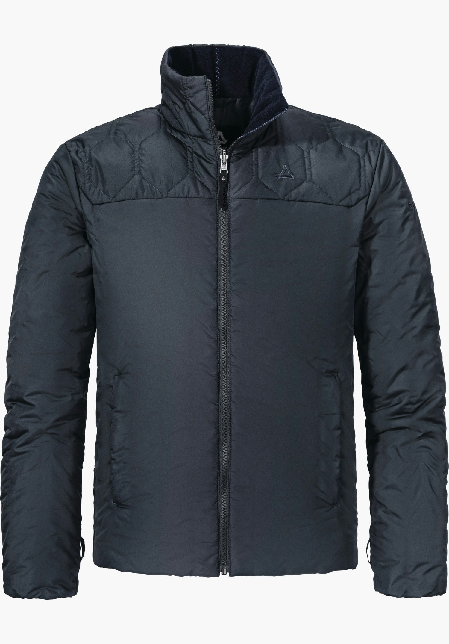 3in1 Parka Style Borkol MNS donkerblauwe gewatteerde jas, ritssluiting gesloten, opstaande kraag; Schöffel-logo op de borst; rechte pasvorm, tegen een witte achtergrond.