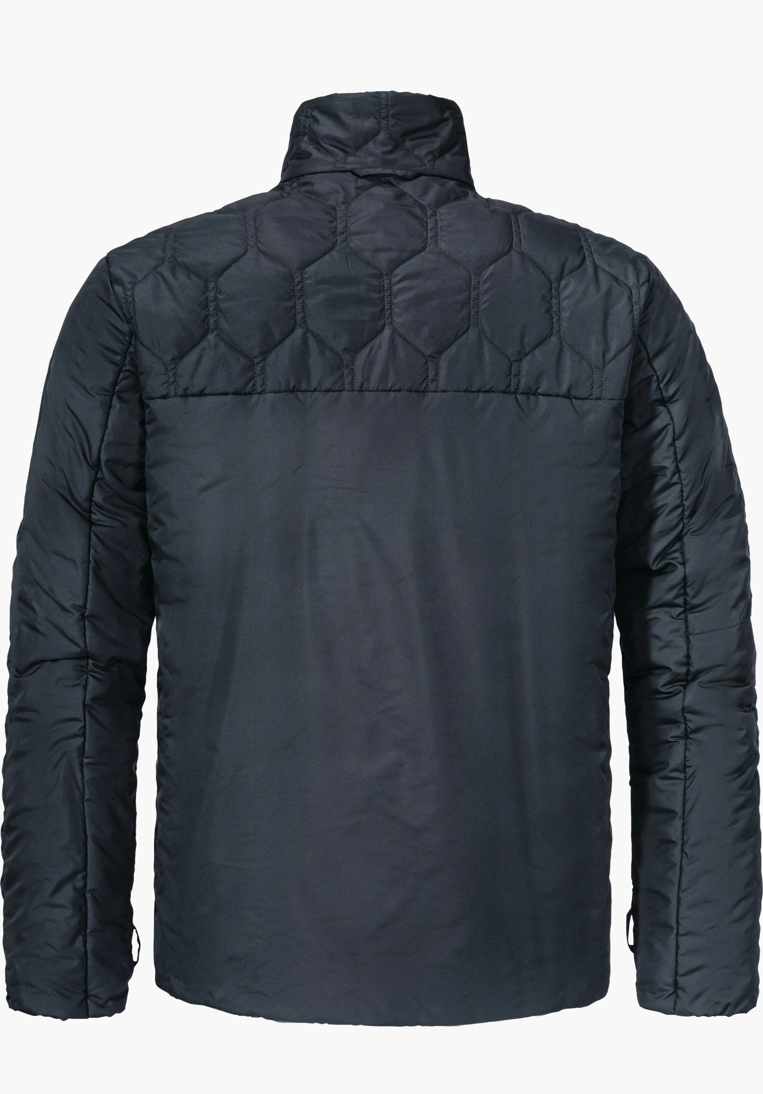3in1 Parka Style Borkol MNS donkerblauwe gewatteerde jas van achteren, plat liggend; zeshoekig stikpatroon op de schouders, gladde rug en lange mouwen; neutrale lichte achtergrond.