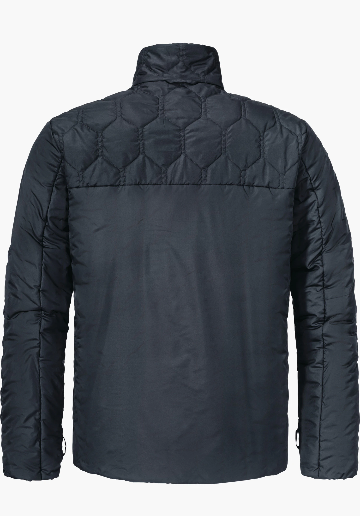 3in1 Parka Style Borkol MNS donkerblauwe gewatteerde jas van achteren, plat liggend; zeshoekig stikpatroon op de schouders, gladde rug en lange mouwen; neutrale lichte achtergrond.