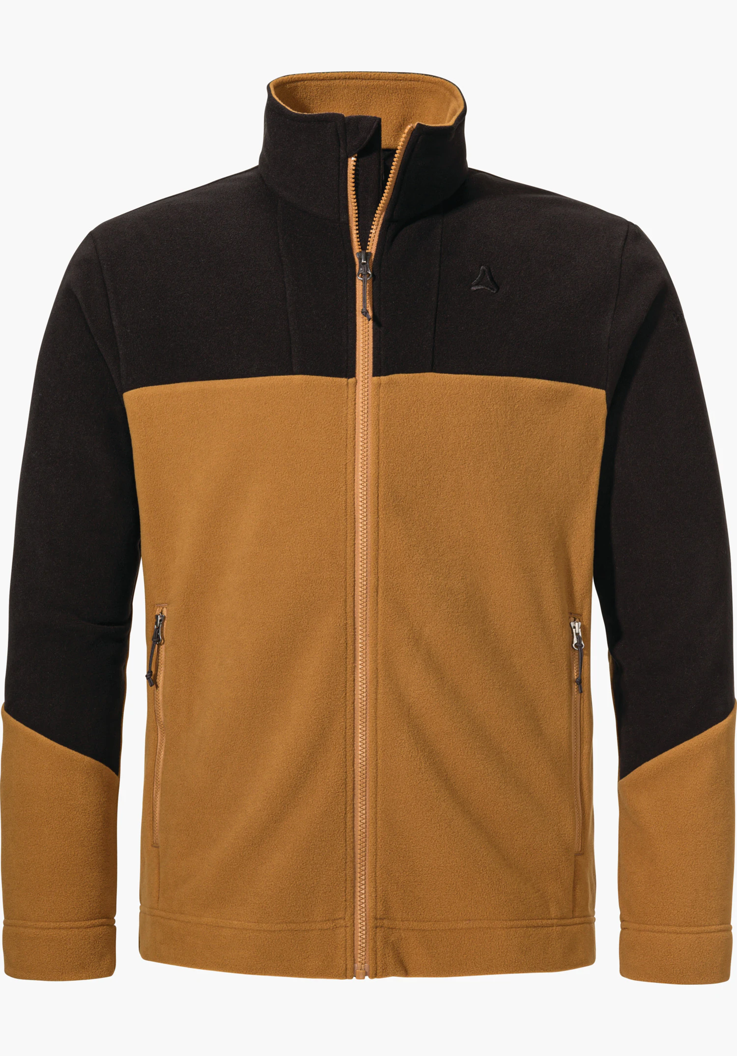 Urban Fleece Jk Style Karif MNS veste polaire marron clair (empiècements noirs sur la poitrine et les bras) avec fermeture éclair intégrale et deux poches zippées; logo Schöffel sur la poitrine gauche, sur fond blanc.