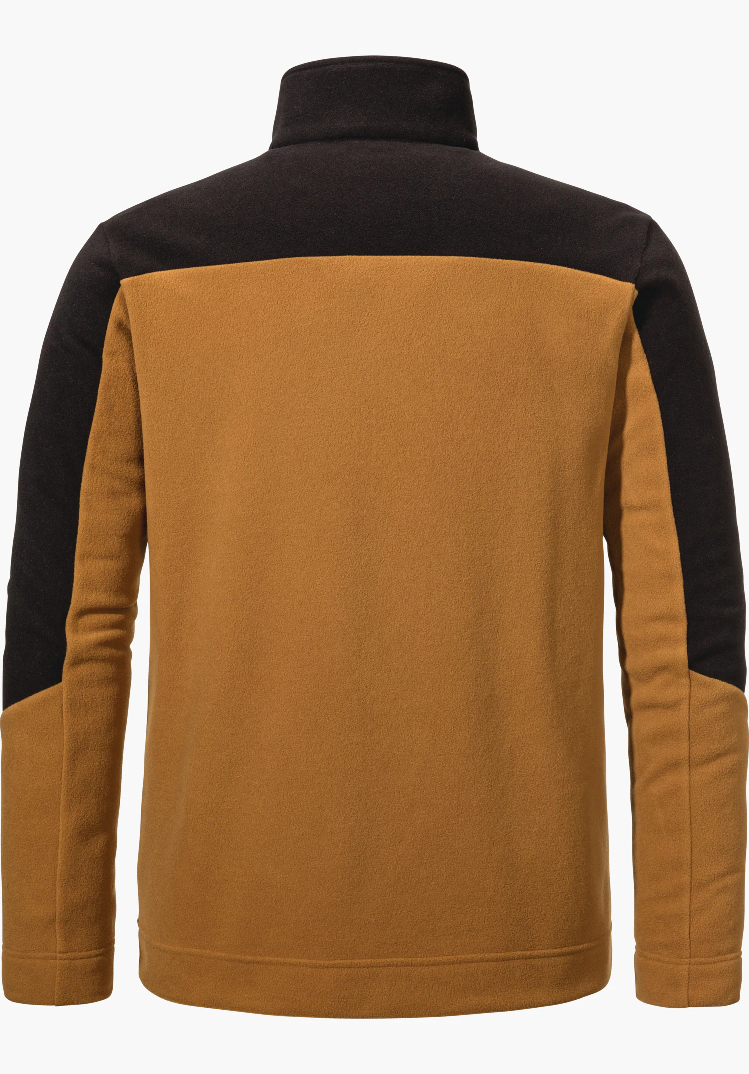 Fleece Jk Style Karif MNS Veste polaire, vue de dos; corps orange foncé, épaules et extérieur des manches noirs, col montant, manches longues, ourlet droit, fond blanc neutre.