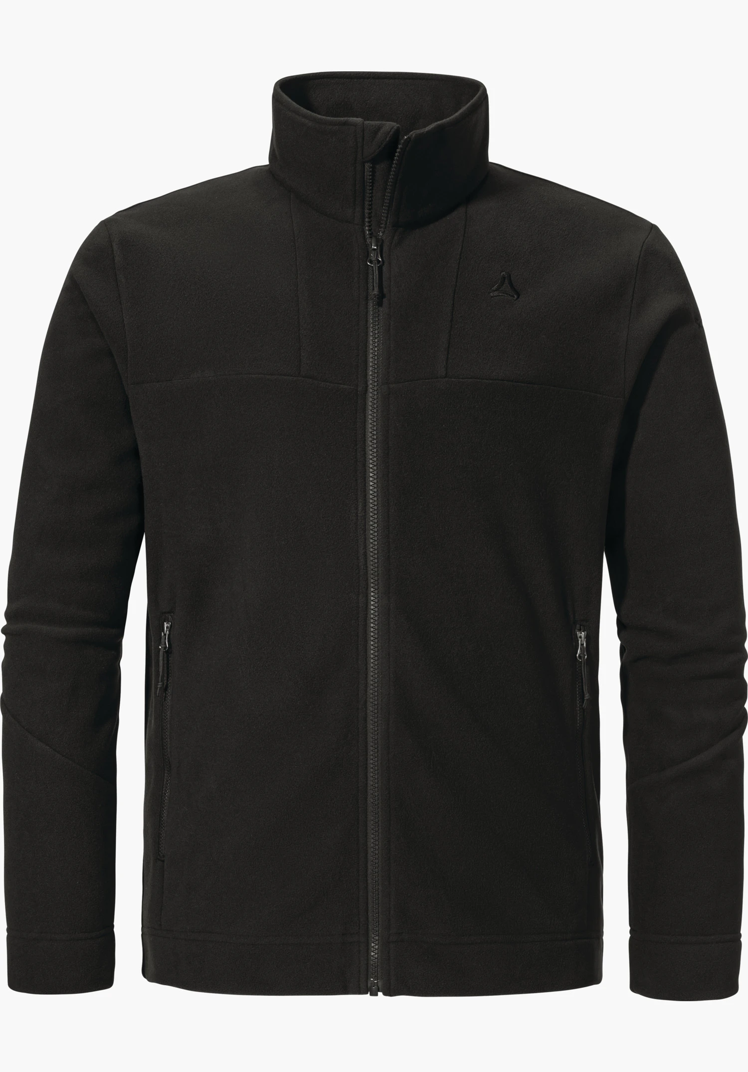 Urban Fleece Jk Style Karif MNS Schwarze Fleecejacke, frontaler Reißverschluss geschlossen, zwei Reißverschlusstaschen, Stehkragen; freigestellt vor weißem Hintergrund; mit Schöffel-Logo auf linker Brust.