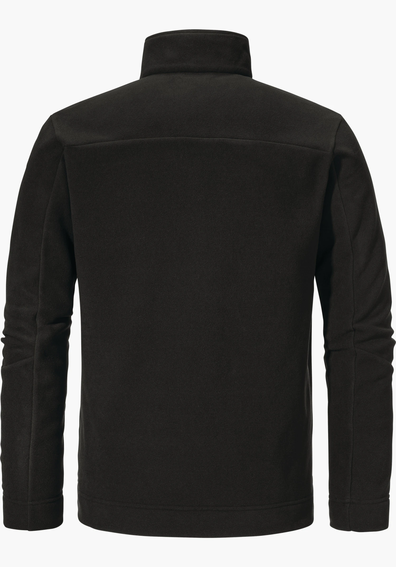 Fleece Jk Style Karif MNS schwarze Fleecejacke, von hinten präsentiert; geschlossener Stehkragen, lange Ärmel, glatter Rücken; freigestellt auf weißem Hintergrund.