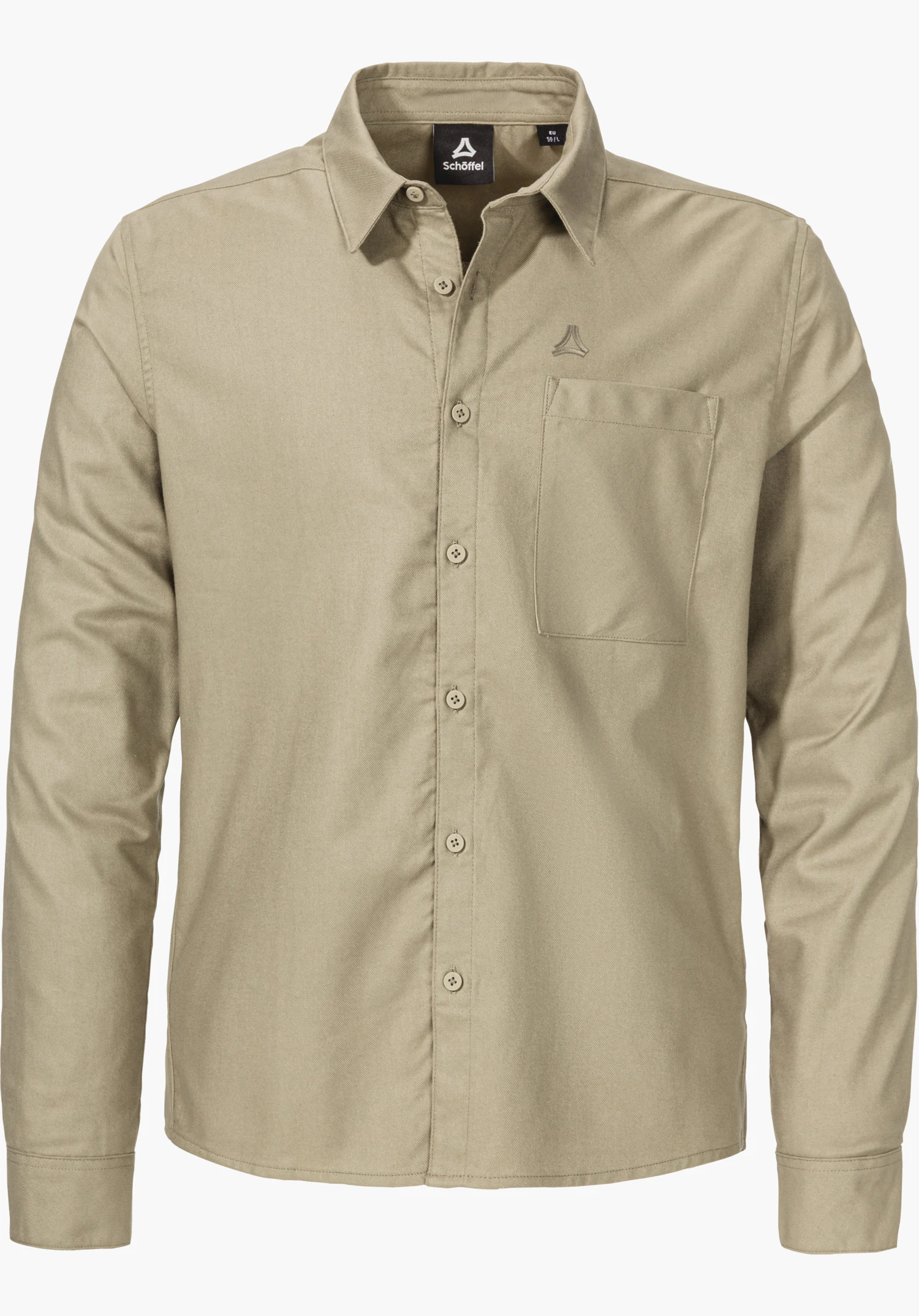 Urban Shirt Style Kleion MNS beiges Langarmhemd, vorne durchgeknöpft; Brusttasche; Schöffel-Logo auf der Brust; Label im Kragen mit Schriftzug "Schöffel"; freigestellt auf weißem Hintergrund.