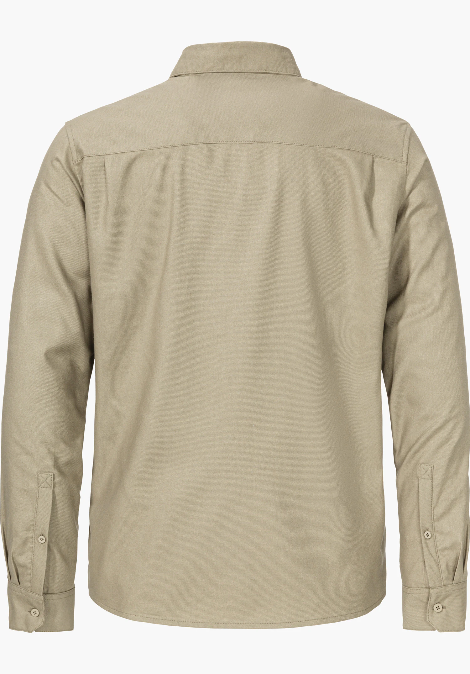 Shirt Style Kleion MNS hellbraunes Langarmhemd, von hinten gezeigt, mit Kragen und Knopfmanschetten; glatter, gerade geschnittener Rücken; freigestellt auf weißem Hintergrund.