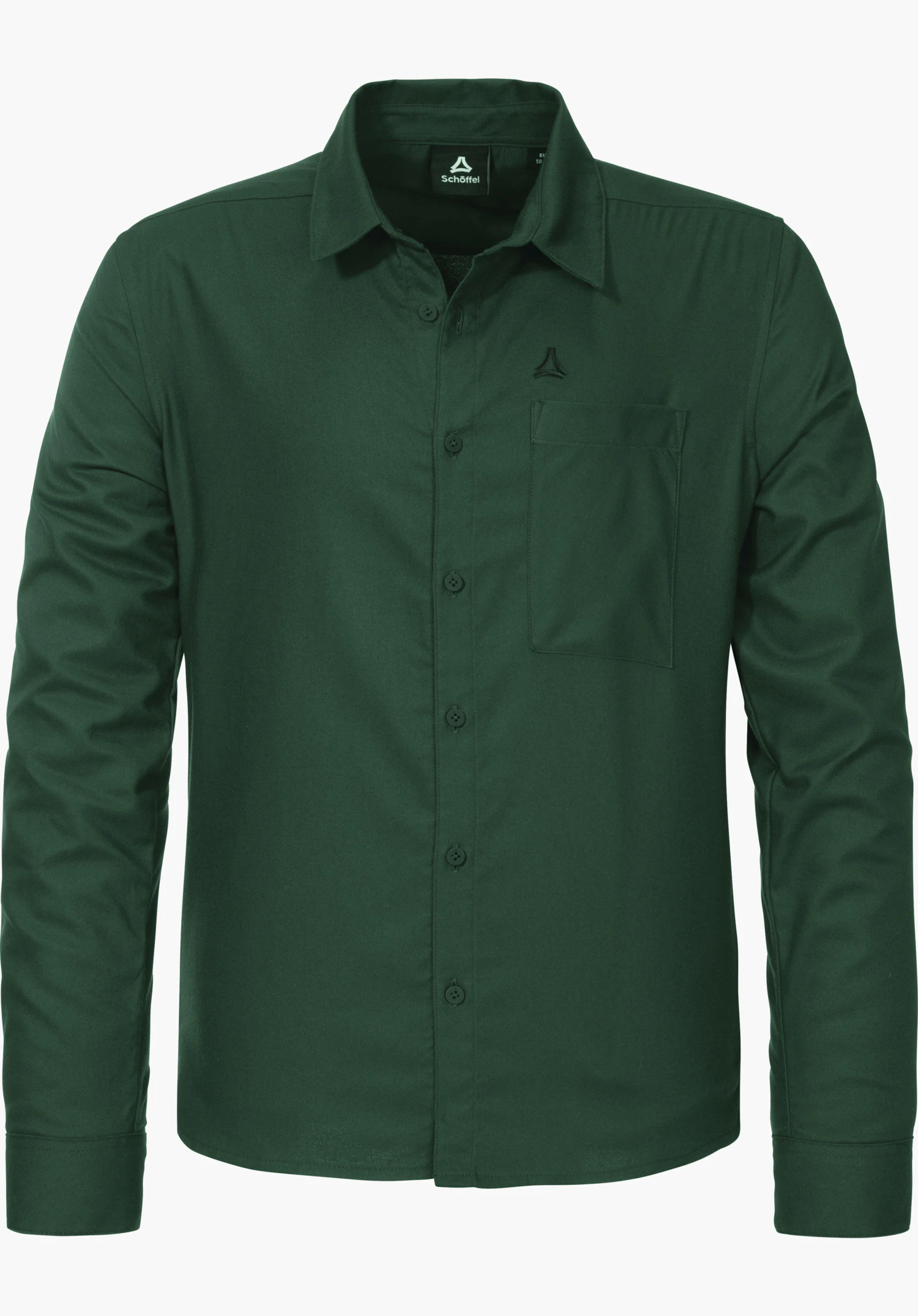 Urban Shirt Style Kleion MNS chemise vert foncé à manches longues, présentée de face, avec col, patte de boutonnage fermée, poche poitrine à gauche et logo Schöffel au-dessus de la poche; inscription: « Schöffel »; fond blanc.