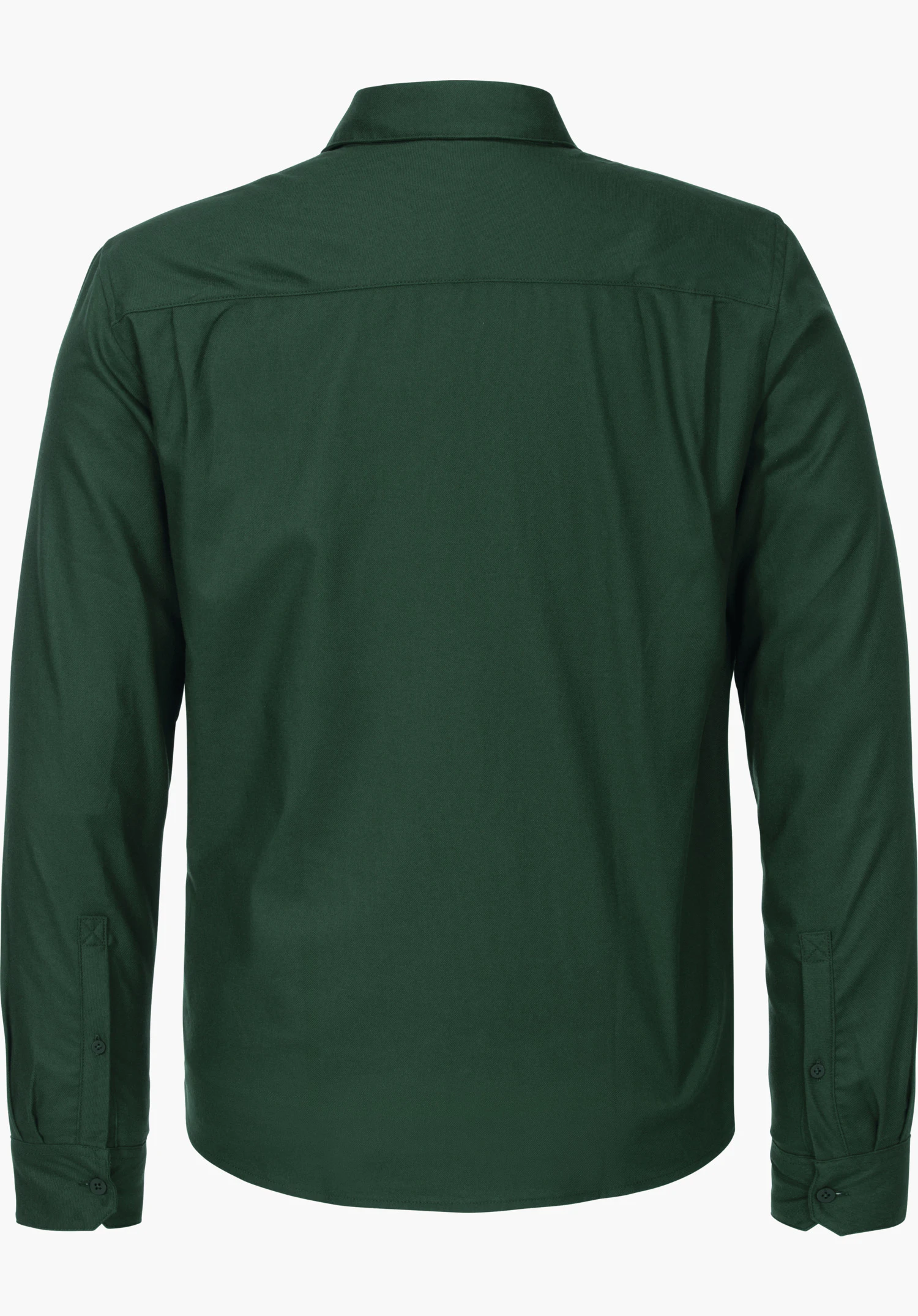 Shirt Style Kleion MNS Hemd, dunkelgrün, zeigt Rückansicht; liegt glatt, Ärmel lang und Manschetten sichtbar, umgelegter Kragen, neutraler weißer Hintergrund.