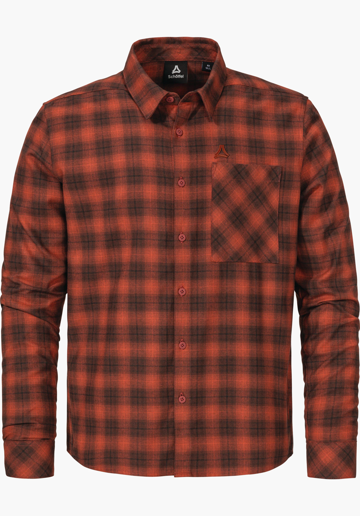 Urban Shirt Style Kleion MNS checked long-sleeved shirt (red and black), front buttoned, with chest pocket and Schöffel logo on the chest; neutral white background. Label text: “Schöffel”.