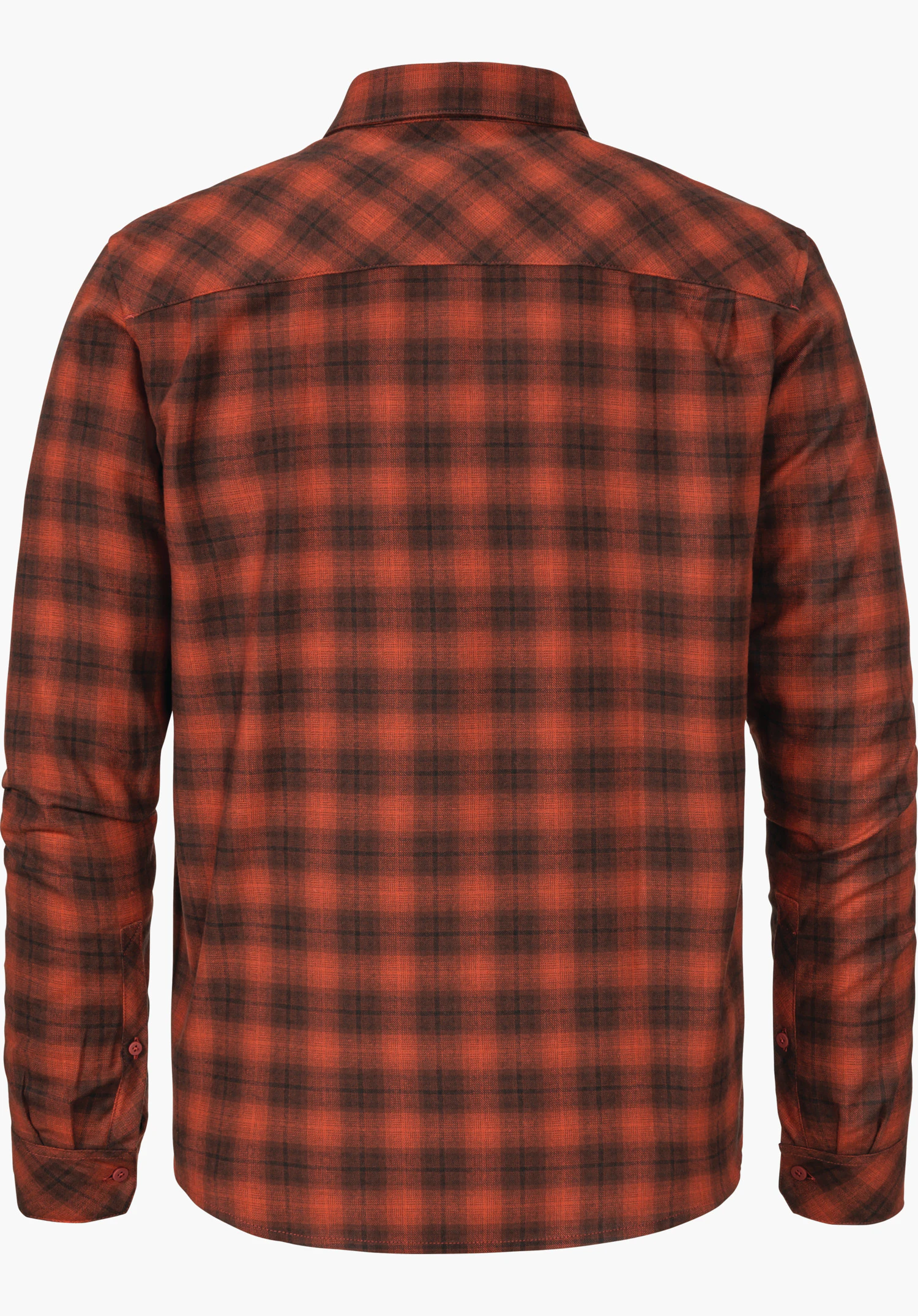 Shirt Style Kleion MNS checked shirt, rear view; dark red and black, long-sleeved with collar, presented flat against a plain white background.