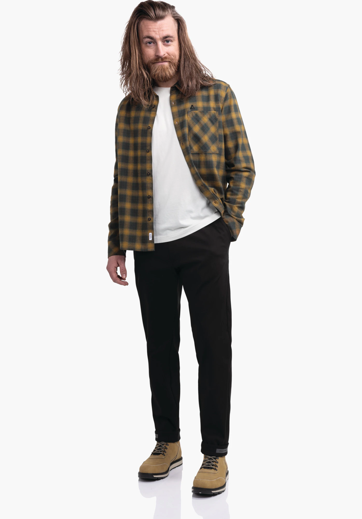 Shirt Style Kleion MNS: Fokus auf das braune Karomuster und die Brusttasche mit Schöffel-Logo. Nahaufnahme vor weißem Hintergrund.