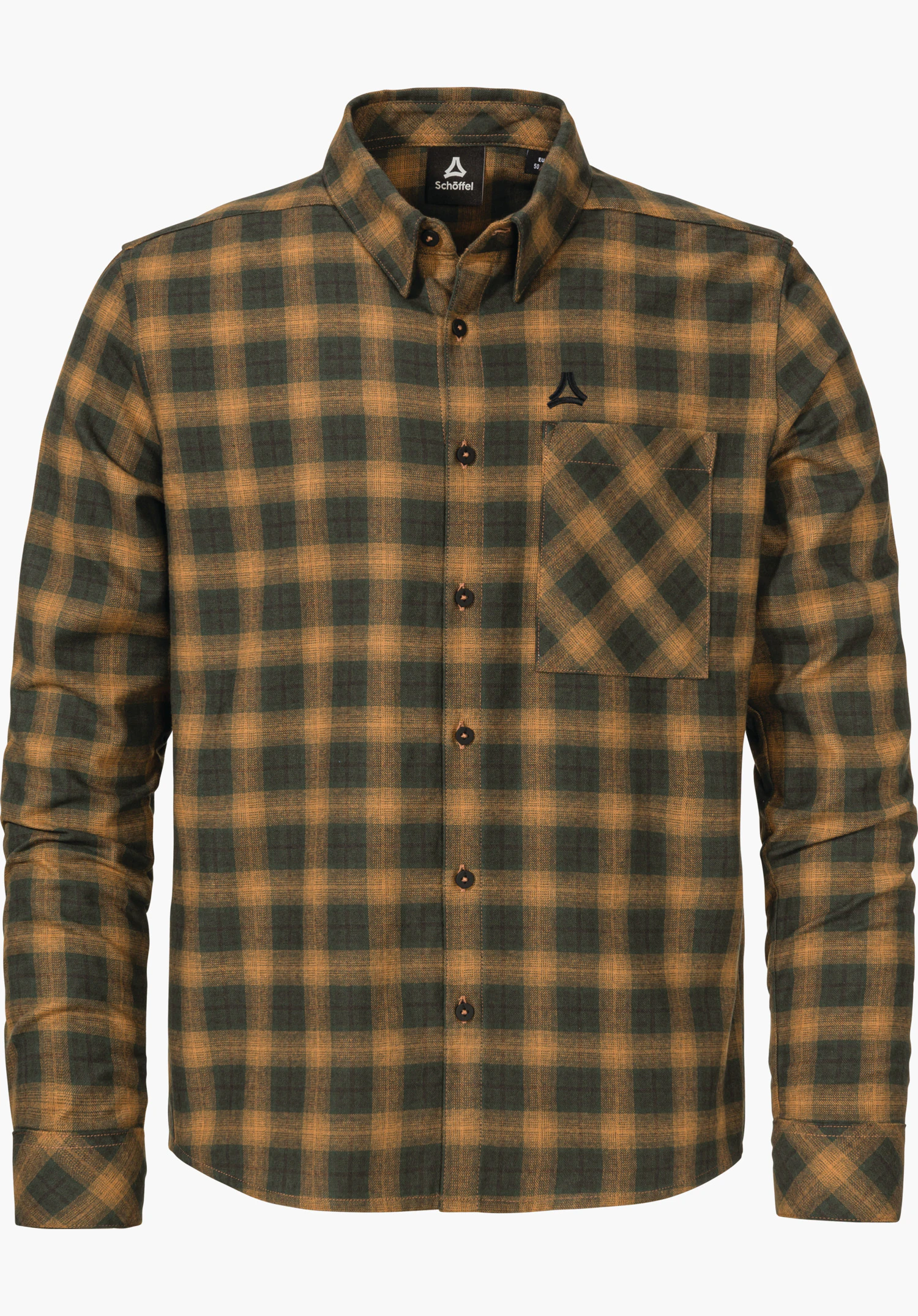 Urban Shirt Style Kleion MNS Kariertes Langarmhemd (dunkelgrün und gelb) zeigt geknöpfte Vorderseite und Brusttasche mit Schöffel-Logo; Innenlabel mit Schriftzug 'Schöffel'. Auf weißem Hintergrund.