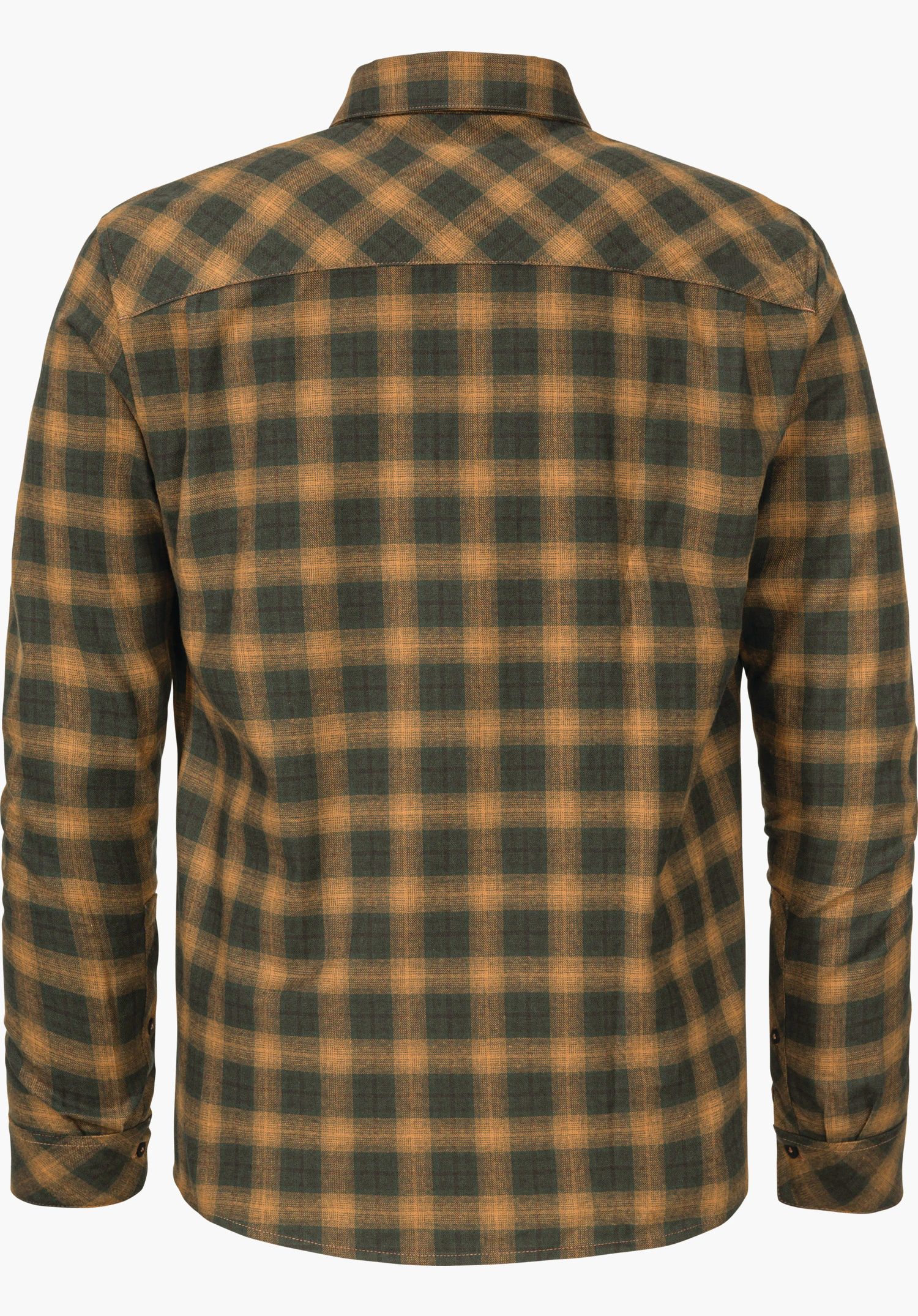 Shirt Style Kleion MNS Hemd, kariert braun und dunkelgelb, gezeigt von hinten; liegt flach, lange Ärmel mit Knopfmanschetten; weißer Hintergrund.