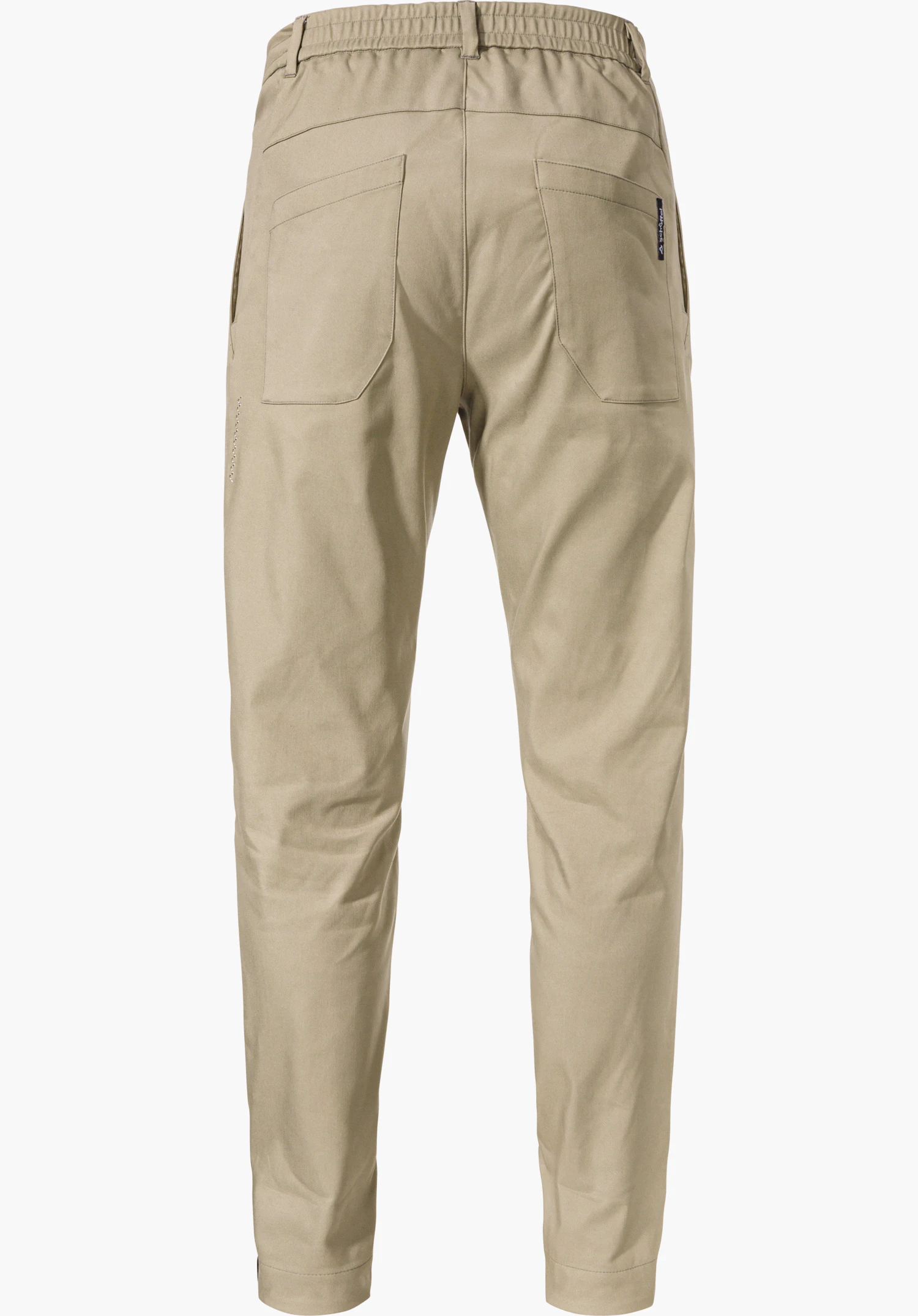 Pants Style Zourga MNS pantalon d’hiver beige, vue arrière; coupe droite, deux poches arrière plaquées et taille élastique, jambes légèrement fuselées; fond blanc neutre.