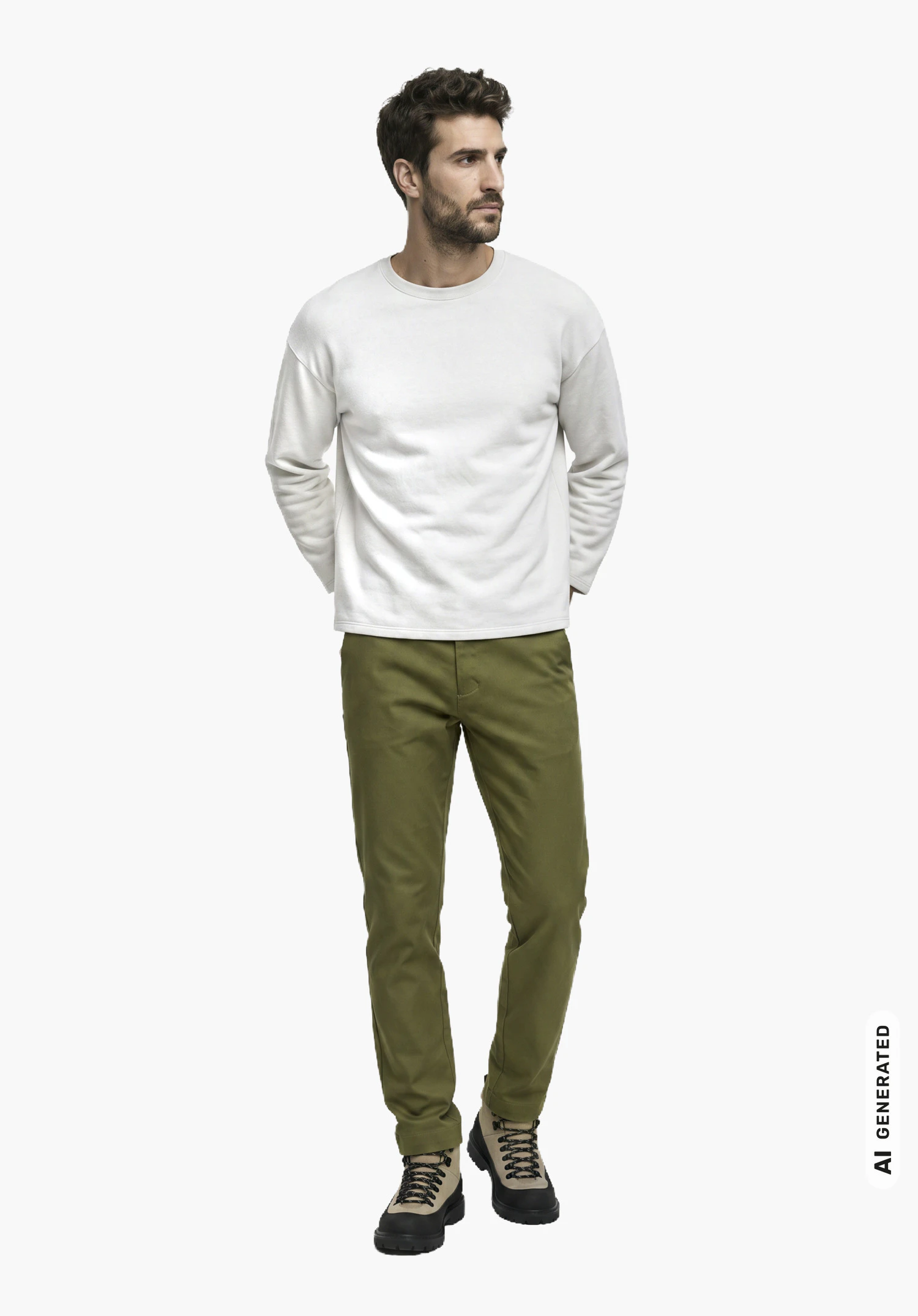 Pants Style Zourga MNS in green, worn by a male model in a slightly turned side view with hands behind his back against a white background. (AI-generated)