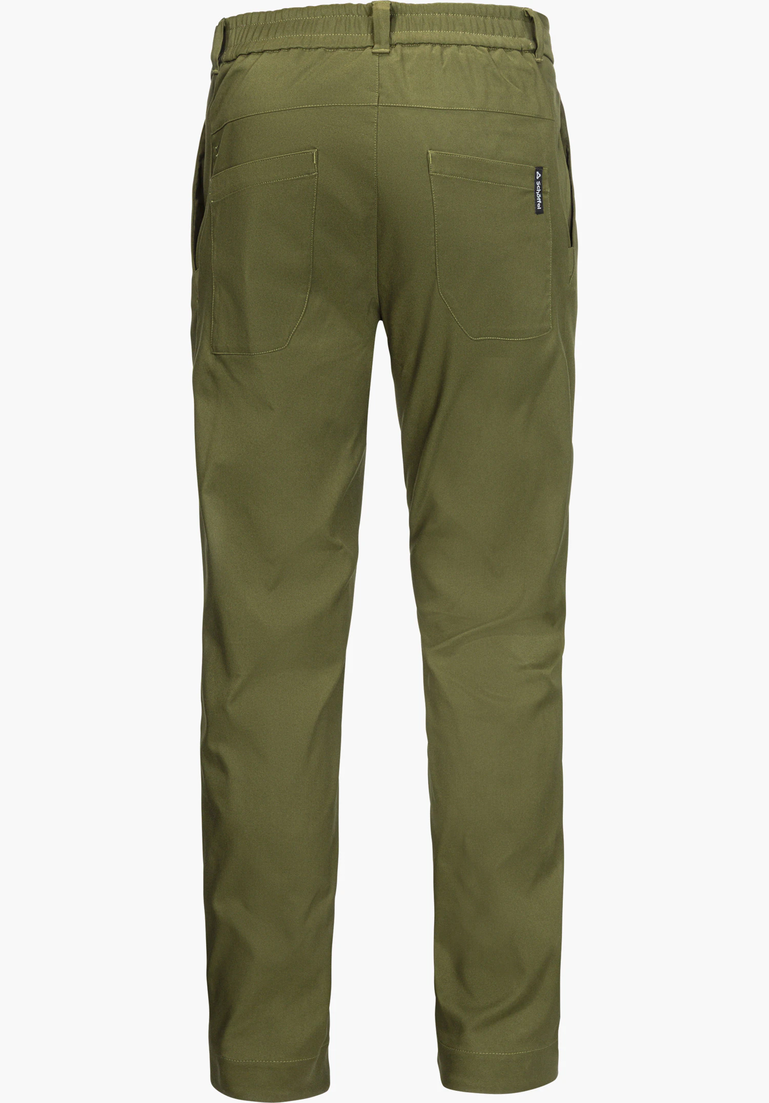 Pants Style Zourga MNS winter trousers in green, shown from the back with rear pockets and Schöffel lettering, isolated on a white background.