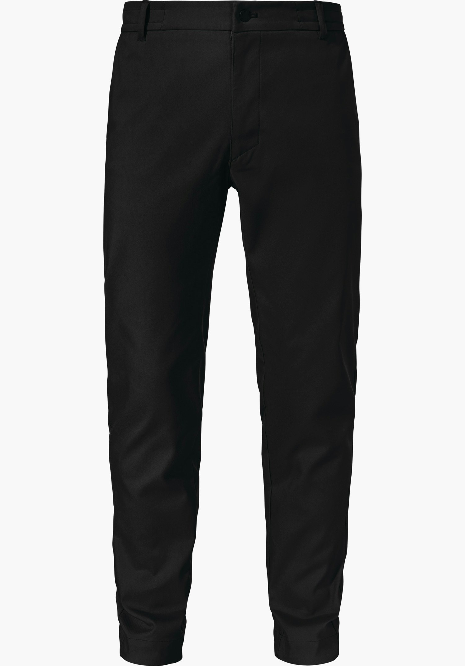 Urban Pants Style Zourga MNS Schwarze Winter-Chinohose, frontal ausgerichtet, mit Bund, Gürtelschlaufen, Knopf und verdecktem Reißverschluss; schlanke Beinform, Stoffstruktur erkennbar, vor weißem Hintergrund.