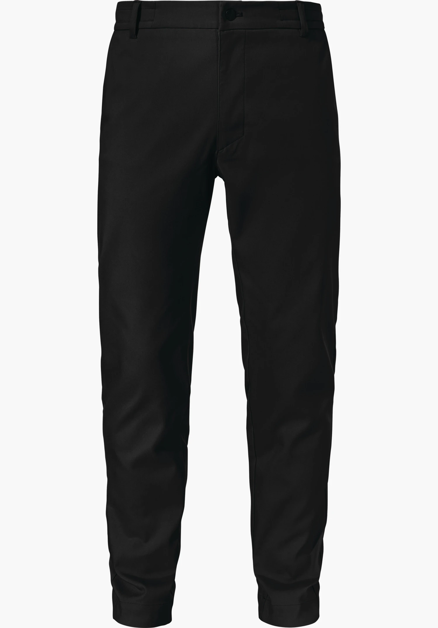Urban Pants Style Zourga MNS black winter chinos, front view, with waistband, belt loops, button and concealed zip; slim leg shape, fabric texture visible; white background.