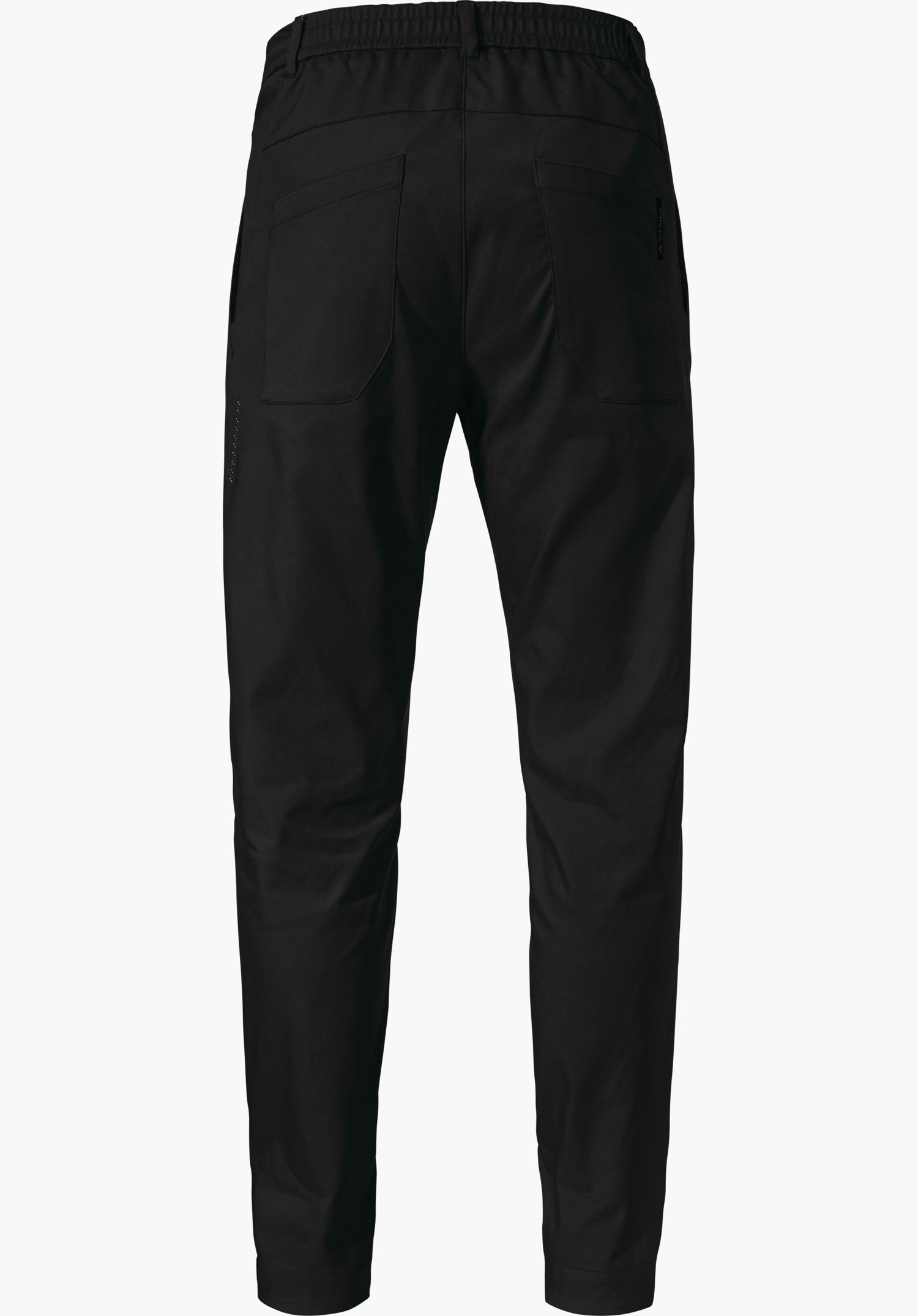 Pants Style Zourga MNS schwarze Winterhose, Rückansicht, präsentiert elastischen Bund und zwei aufgesetzte Gesäßtaschen, gerade geschnittene Beine, hängend vor neutralem Hintergrund.