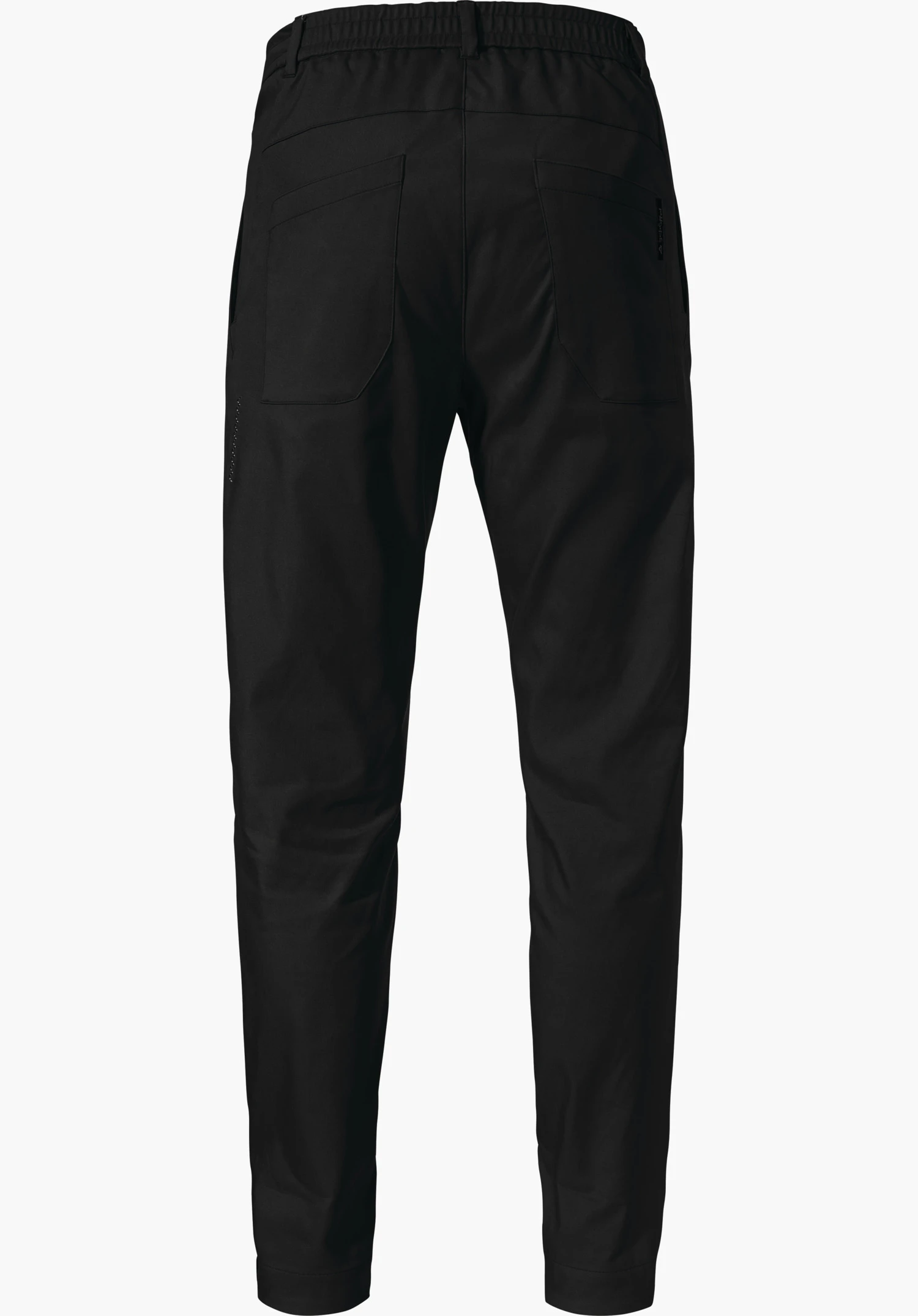 Pants Style Zourga MNS black winter trousers, rear view, showing an elasticated waistband and two patch back pockets, straight-cut legs, hanging against a neutral background.